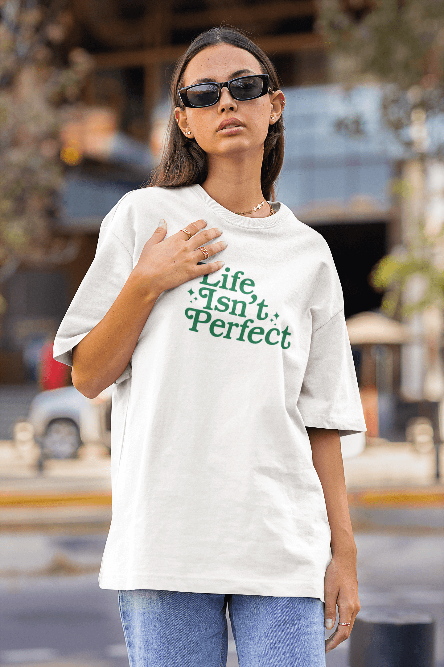 Life Isnt Perfect Oversize Baskılı Beyaz Tişört