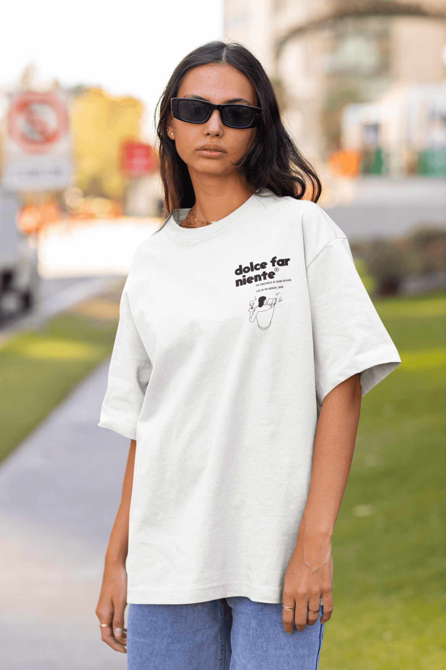 Dolce Far Niente Oversize Baskılı Beyaz Tişört