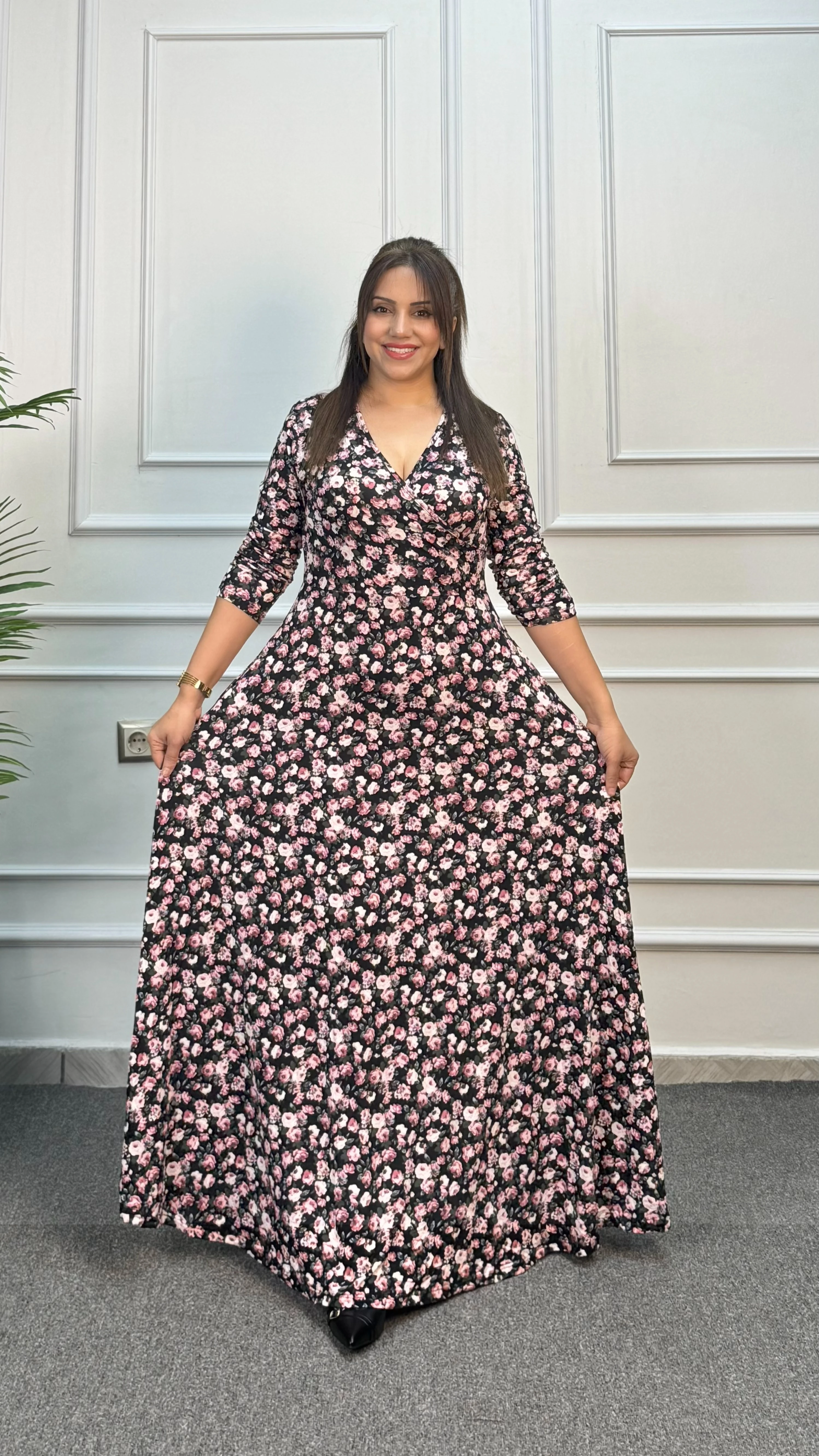 PEMBE TOMURCUK DESENLİ KRUVAZE YAKA PENYE ELBİSE 