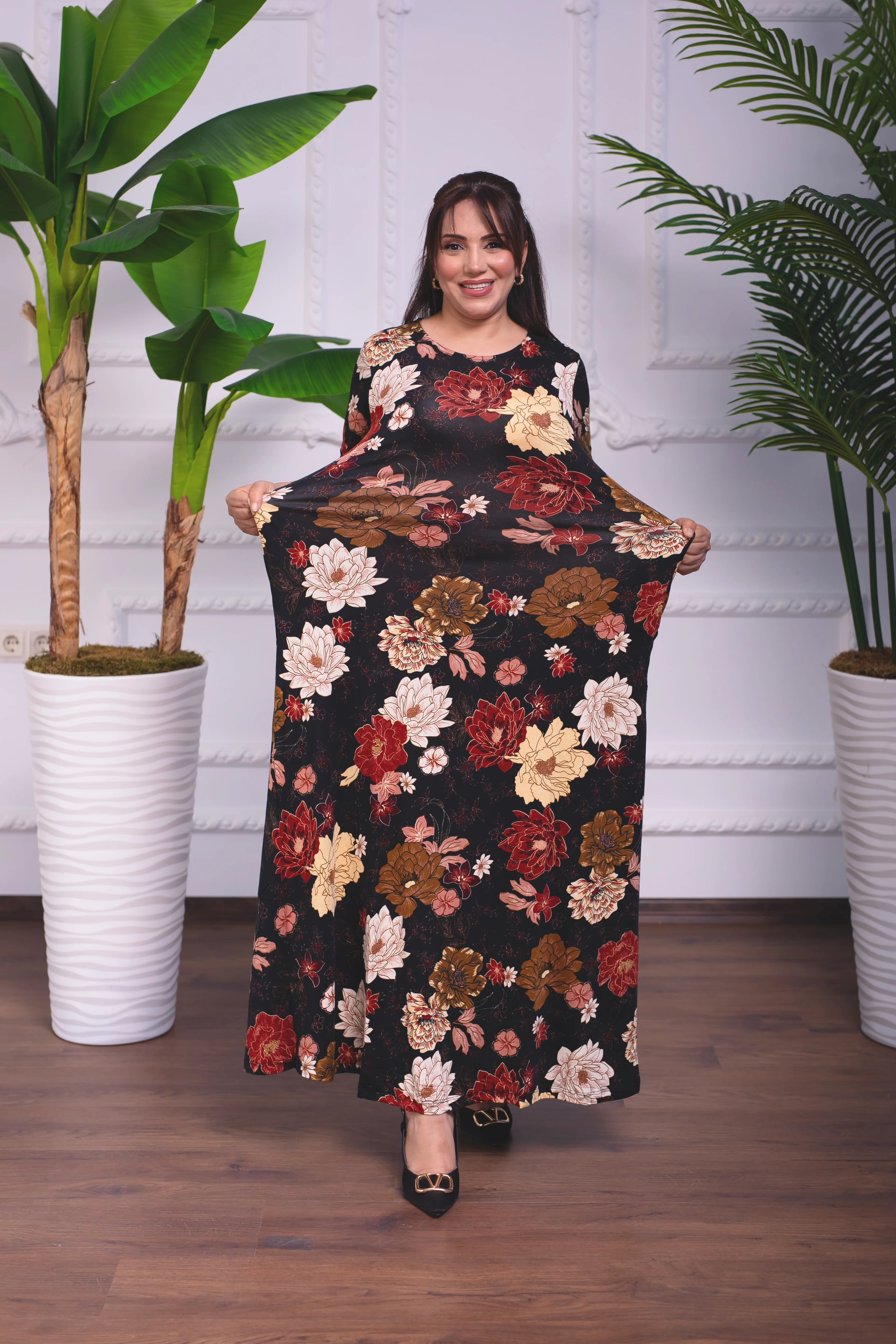 ÇİÇEKLİ BİSİKLET YAKA PENYE UZUN ELBİSE 