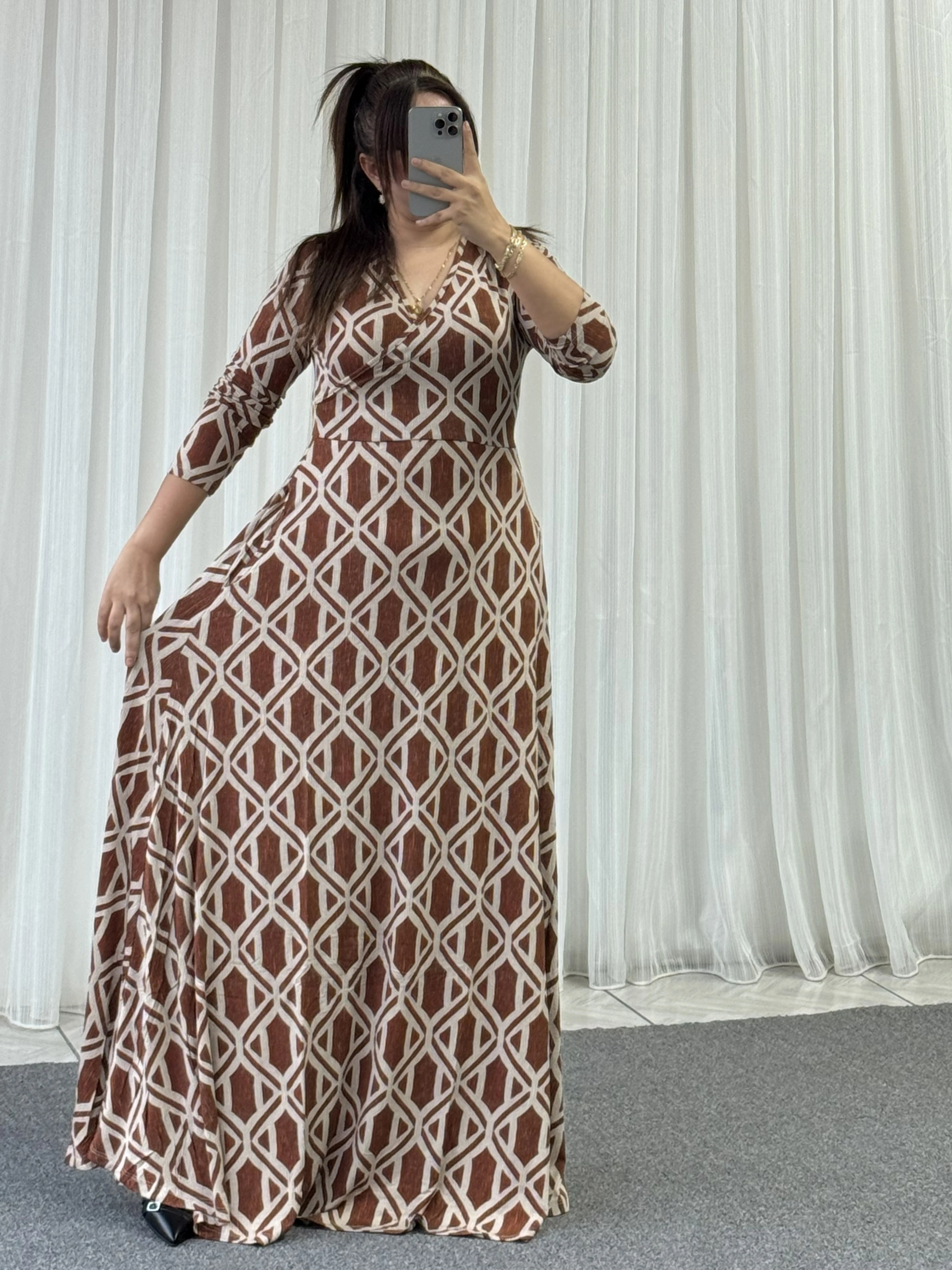 KİREMİT RENGİ KRUVAZE UZUN PENYE ELBİSE 