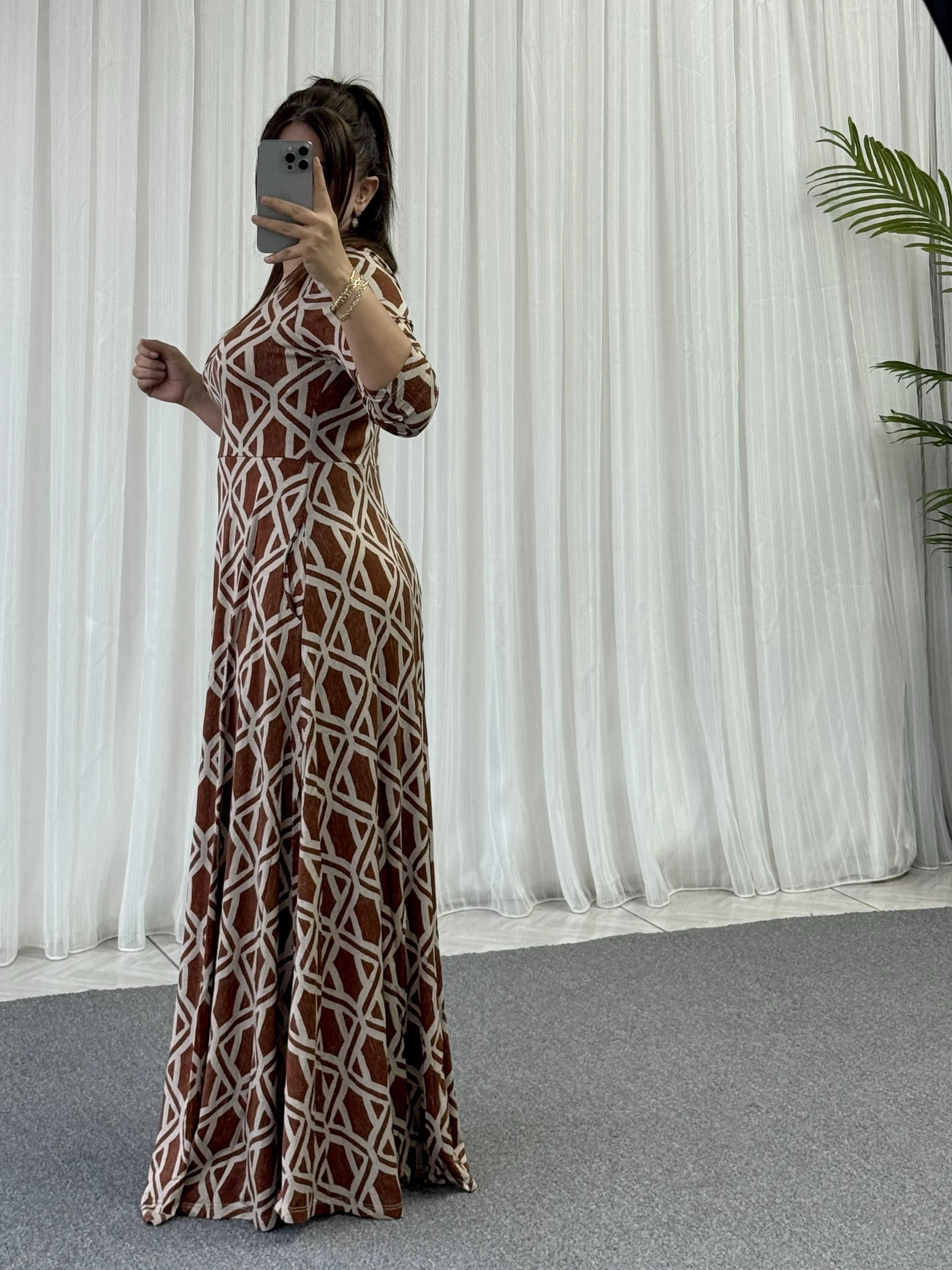 KİREMİT RENGİ KRUVAZE UZUN PENYE ELBİSE 