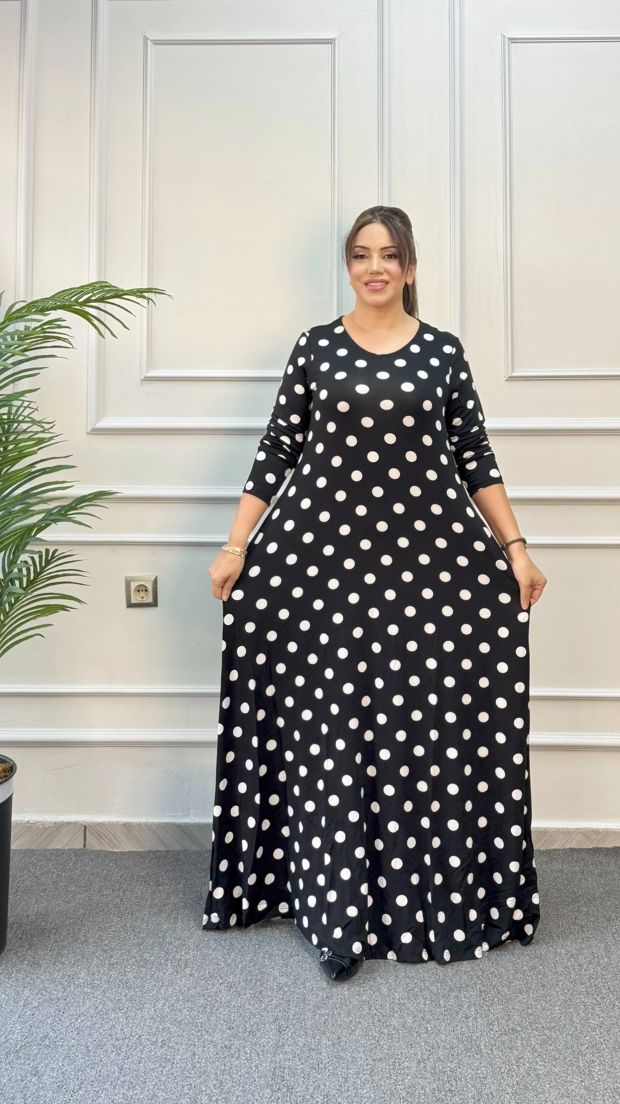 PUANLI BİSİKLET YAKA UZUN PENYE ELBİSE 