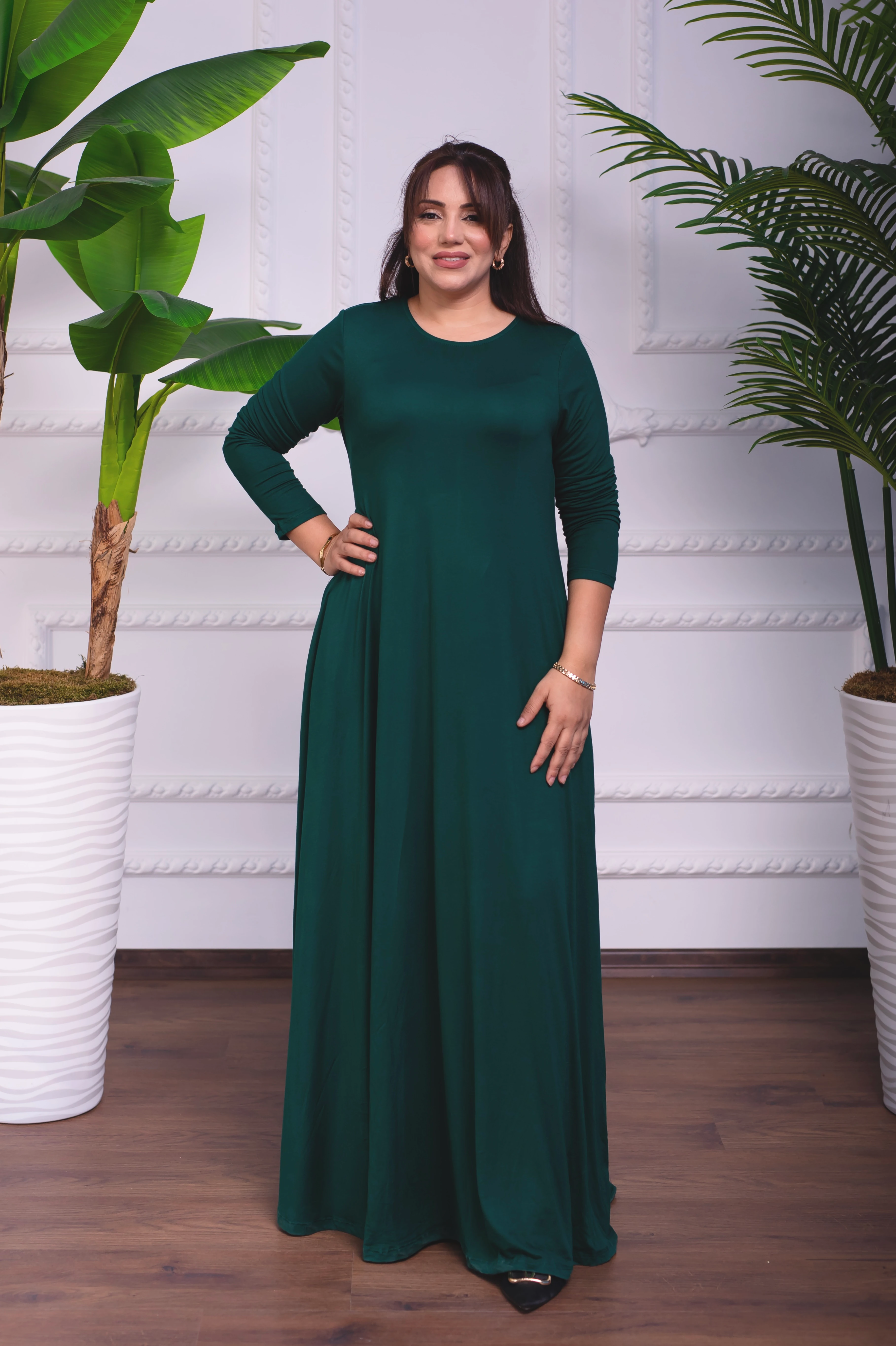 PETROL YEŞİLİ BİSİKLET YAKA PENYE UZUN ELBİSE 