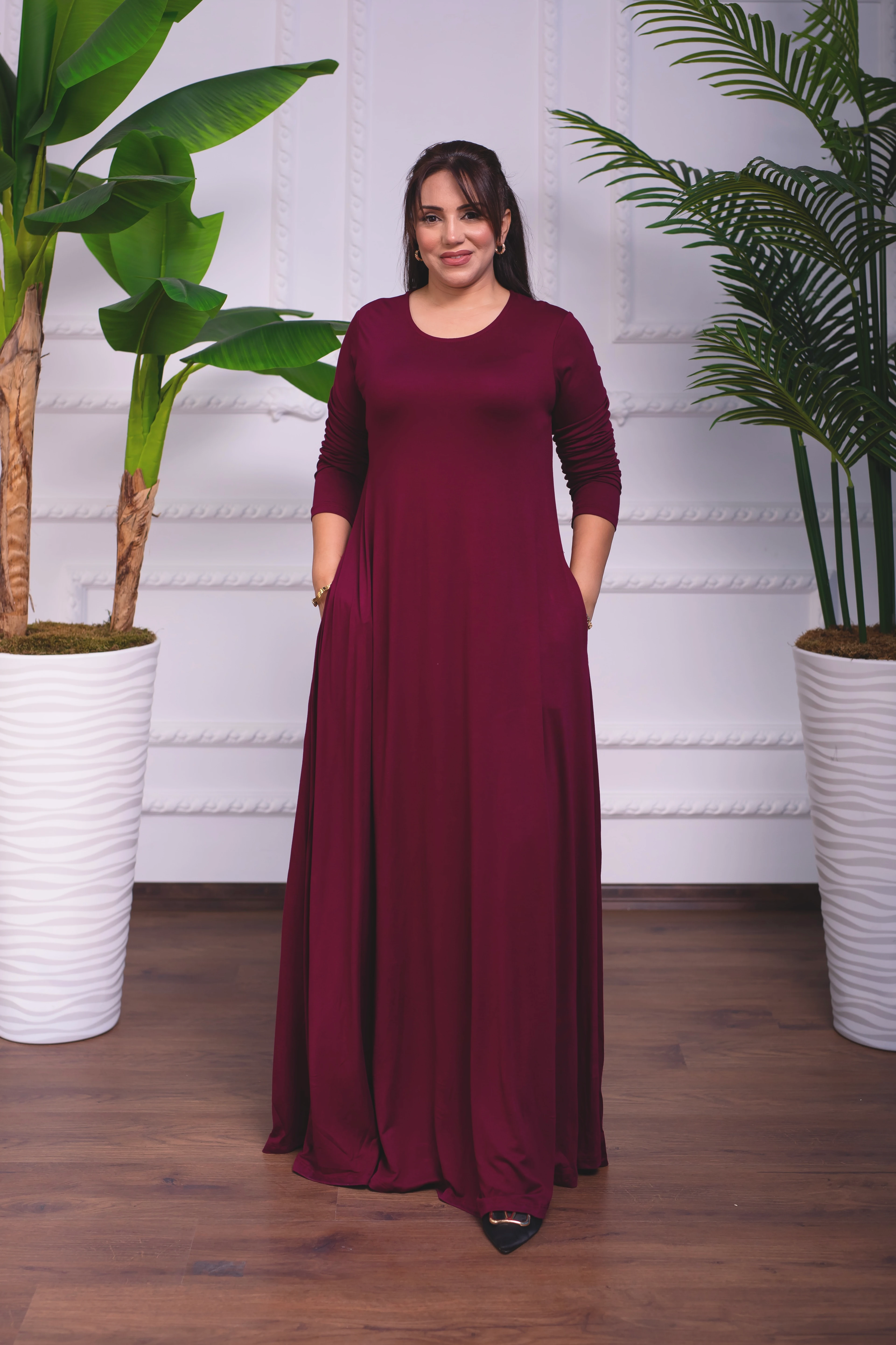 VİŞNE ÇÜRÜĞÜ BİSİKLET YAKA UZUN PENYE ELBİSE 