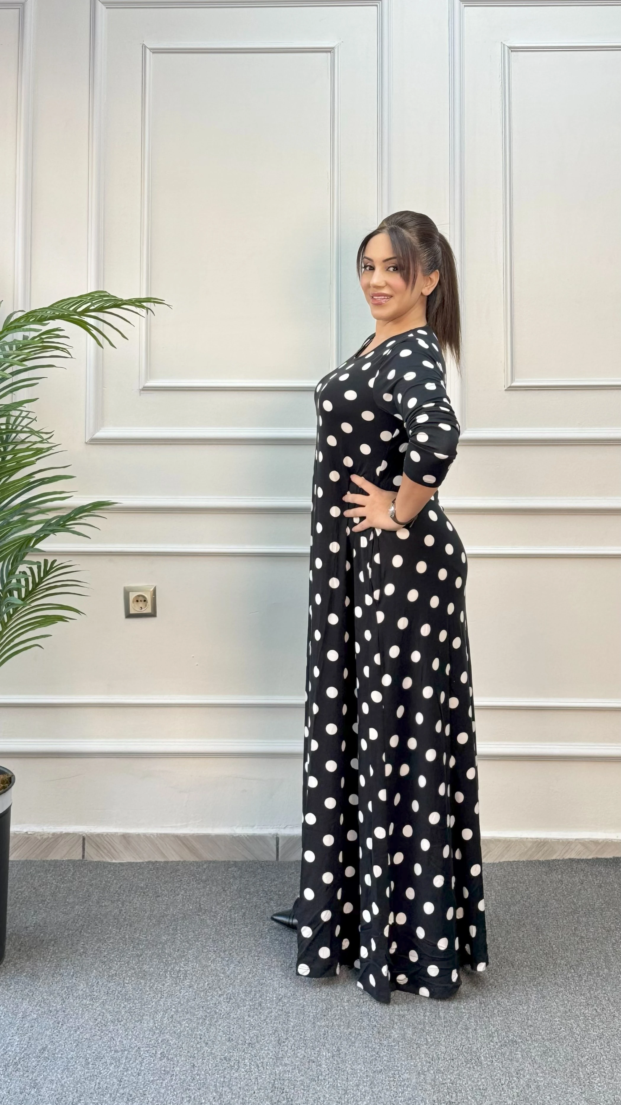 PUANLI BİSİKLET YAKA UZUN PENYE ELBİSE 