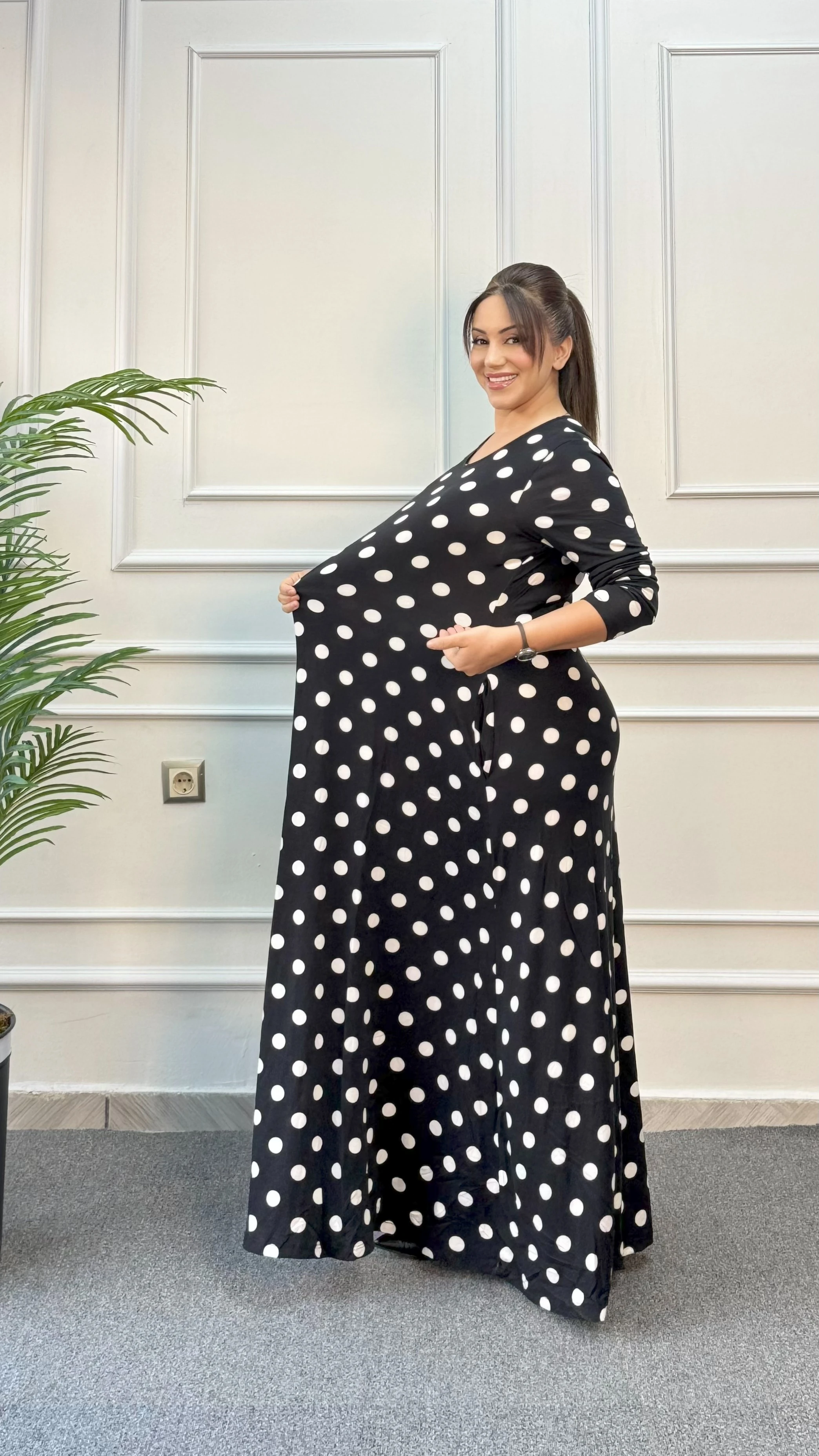 PUANLI BİSİKLET YAKA UZUN PENYE ELBİSE 