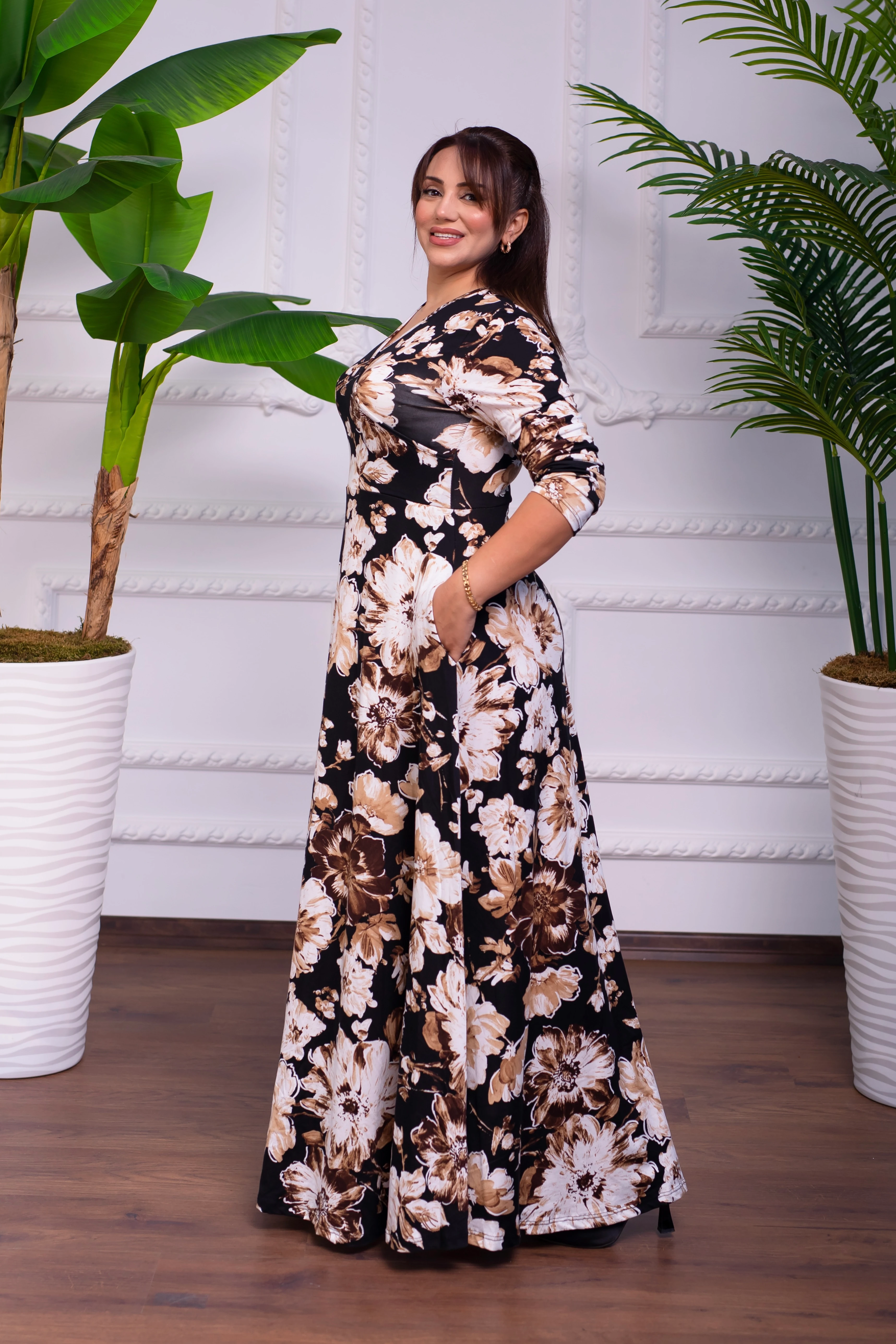 KAHVE ÇİÇEKLİ PENYE UZUN ELBİSE 