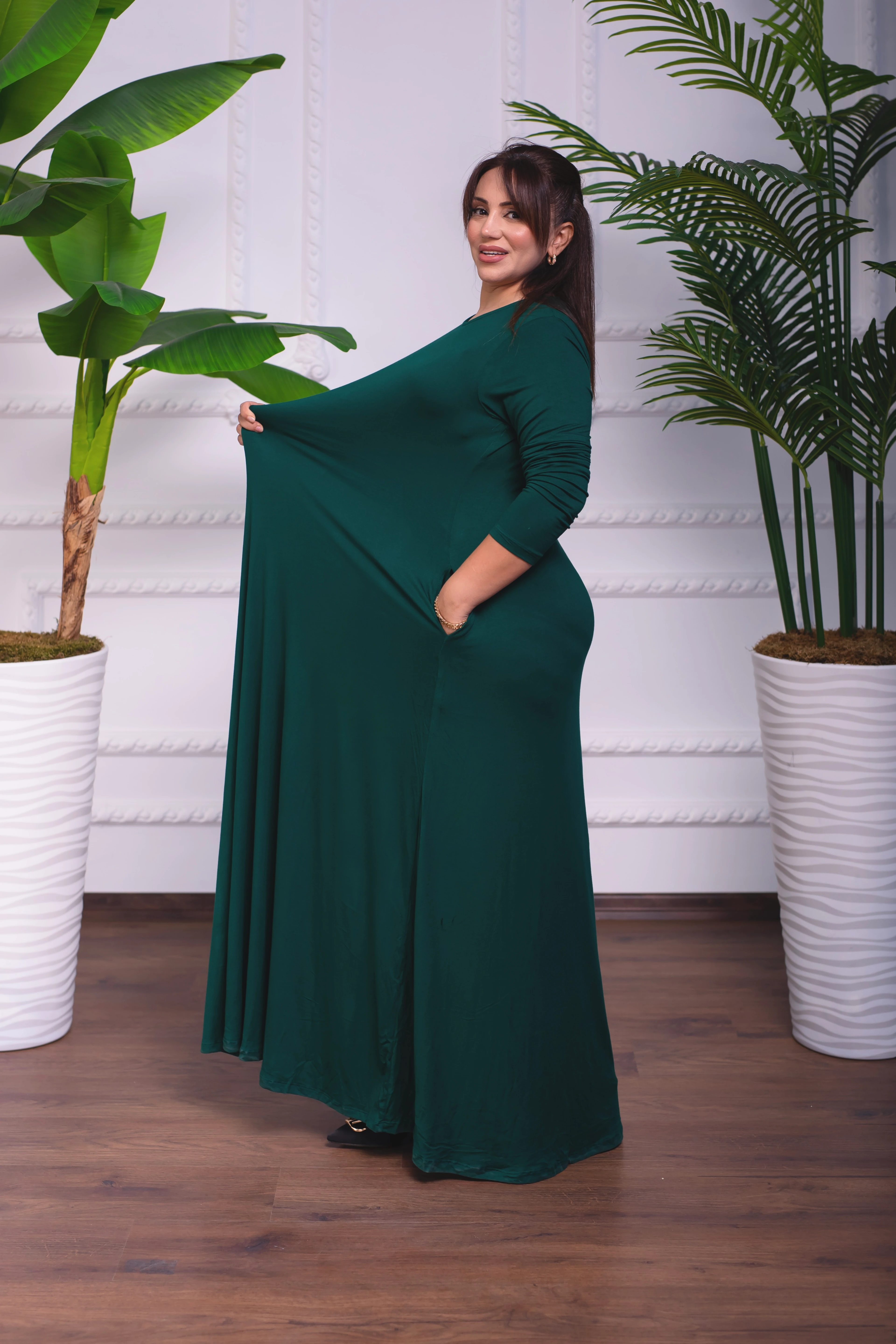 PETROL YEŞİLİ BİSİKLET YAKA PENYE UZUN ELBİSE 