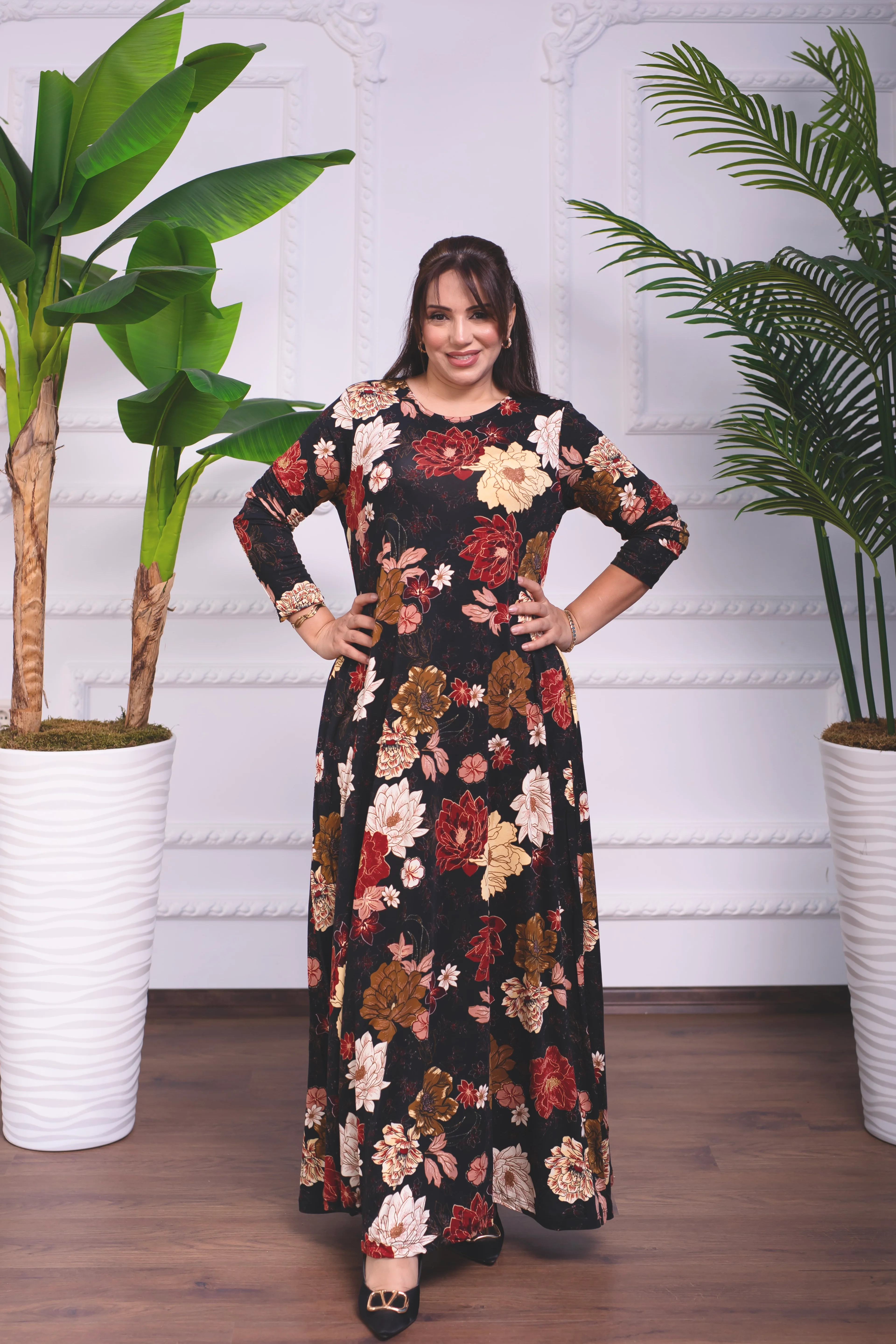 ÇİÇEKLİ BİSİKLET YAKA PENYE UZUN ELBİSE 