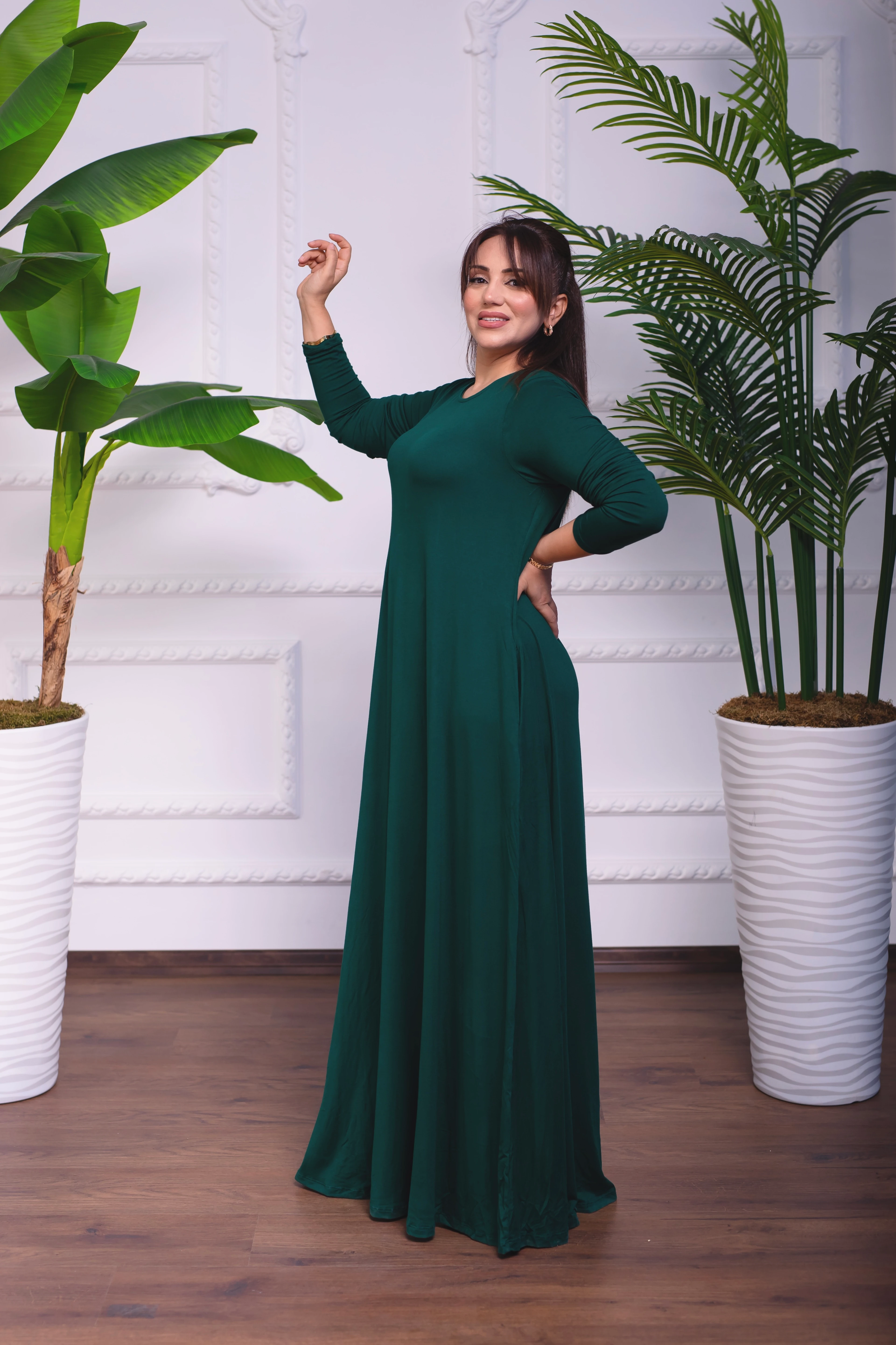 PETROL YEŞİLİ BİSİKLET YAKA PENYE UZUN ELBİSE 