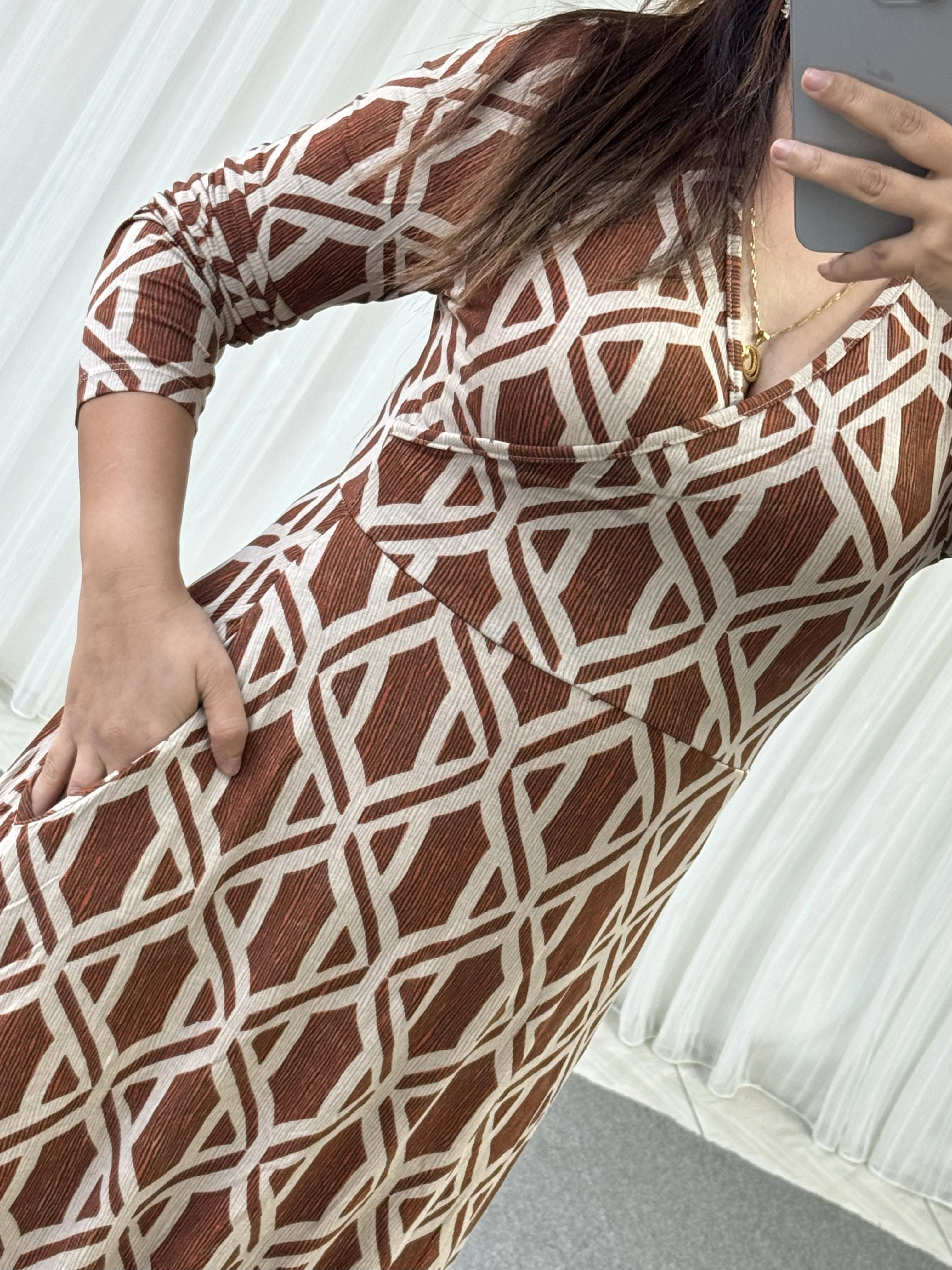 KİREMİT RENGİ KRUVAZE UZUN PENYE ELBİSE 