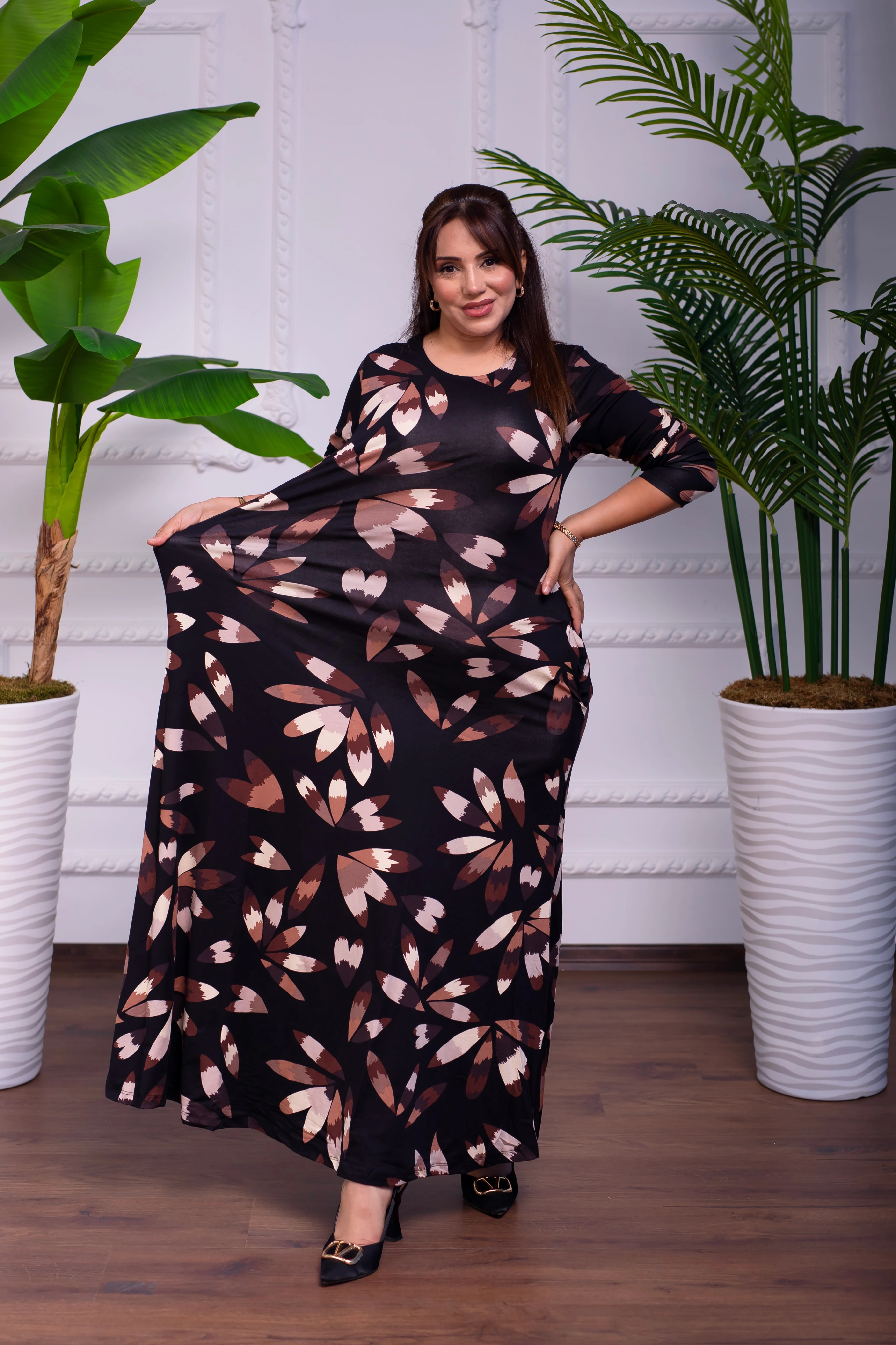 KAHVE ÇİÇEKLİ BİSİKLET YAKA UZUN PENYE ELBİSE 