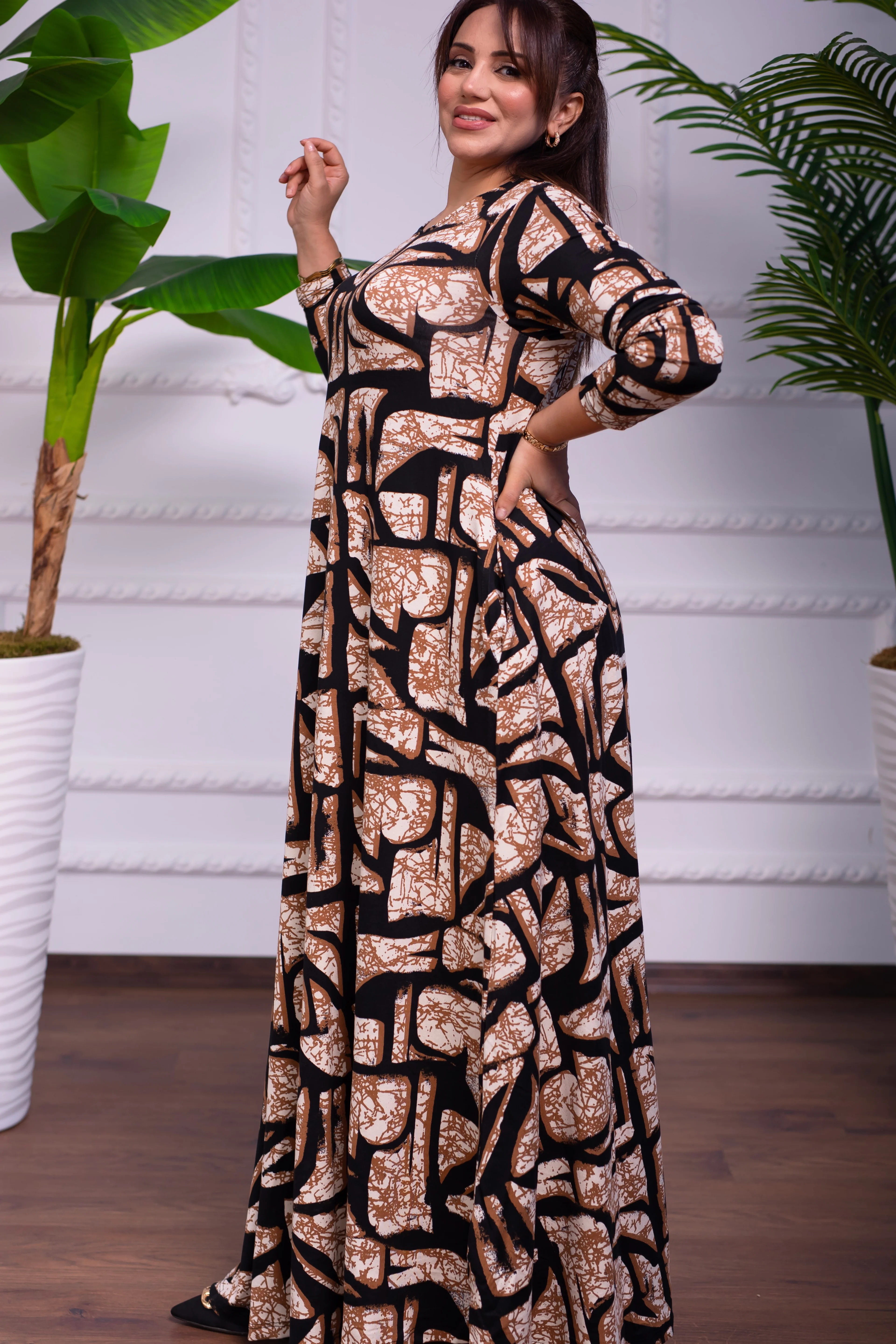 DESENLİ BİSİKLET YAKA PENYE UZUN ELBİSE 