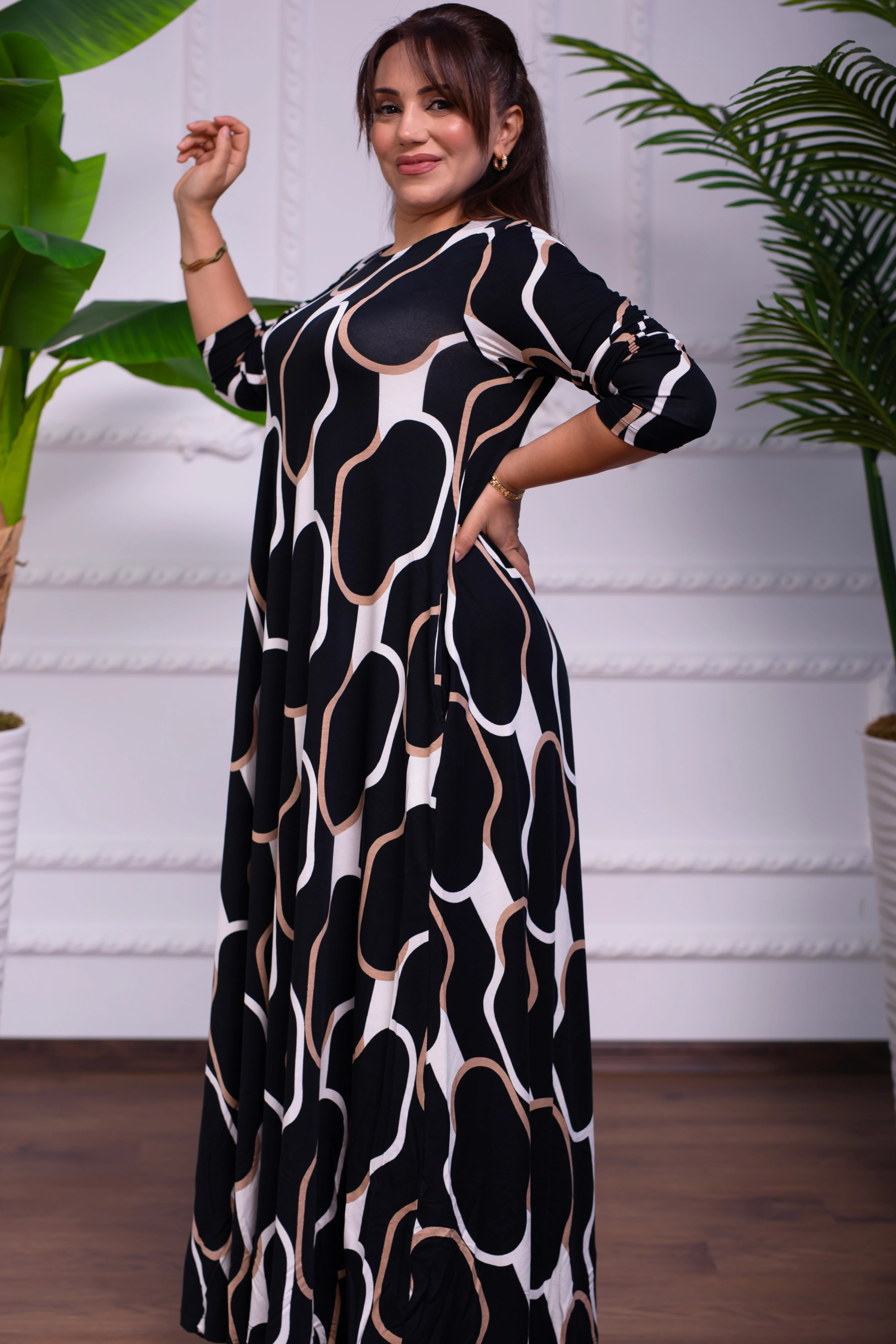 SİYAH DESENLİ BİSİKLET YAKA PENYE UZUN ELBİSE 