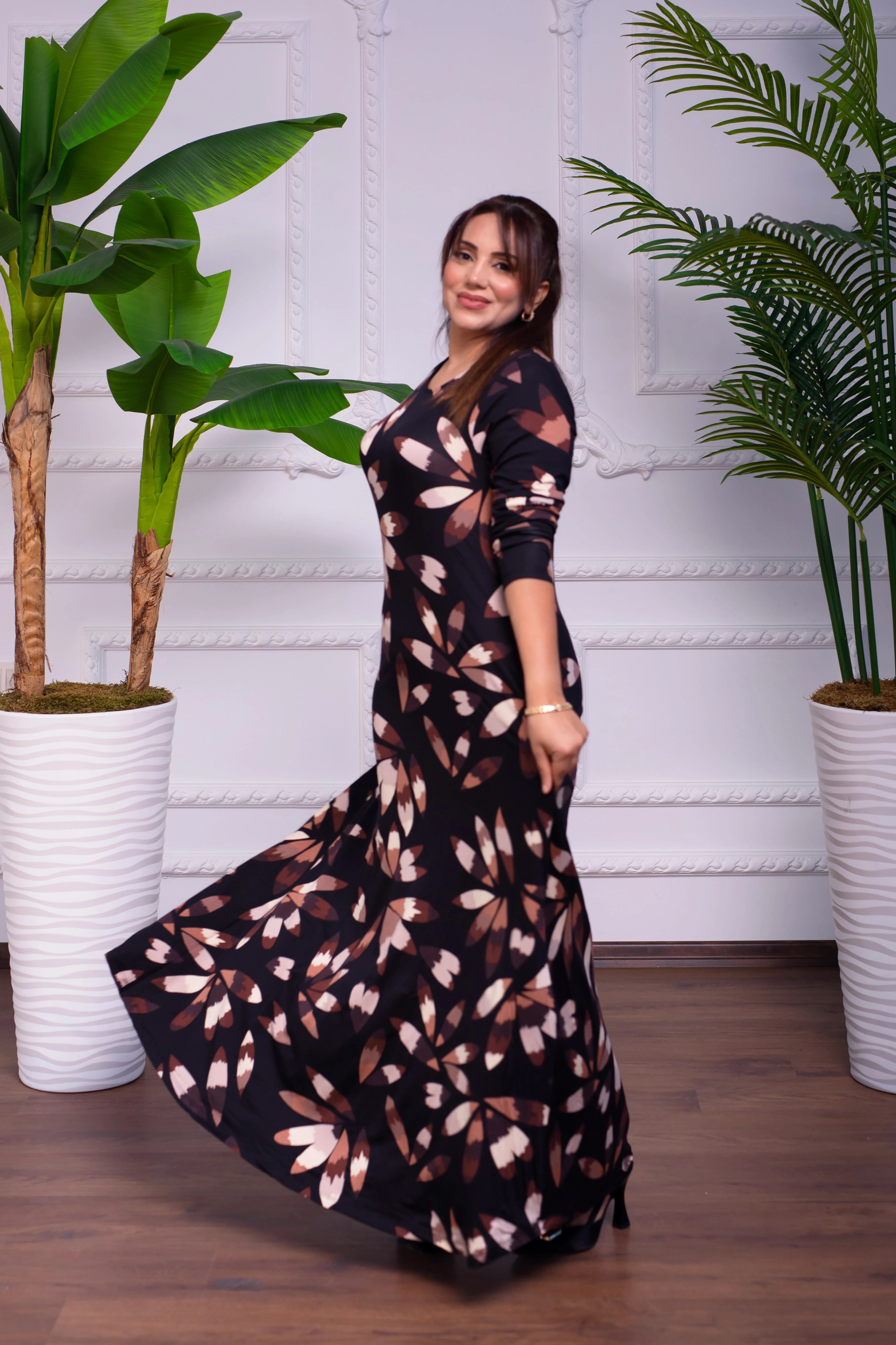 KAHVE ÇİÇEKLİ BİSİKLET YAKA UZUN PENYE ELBİSE 