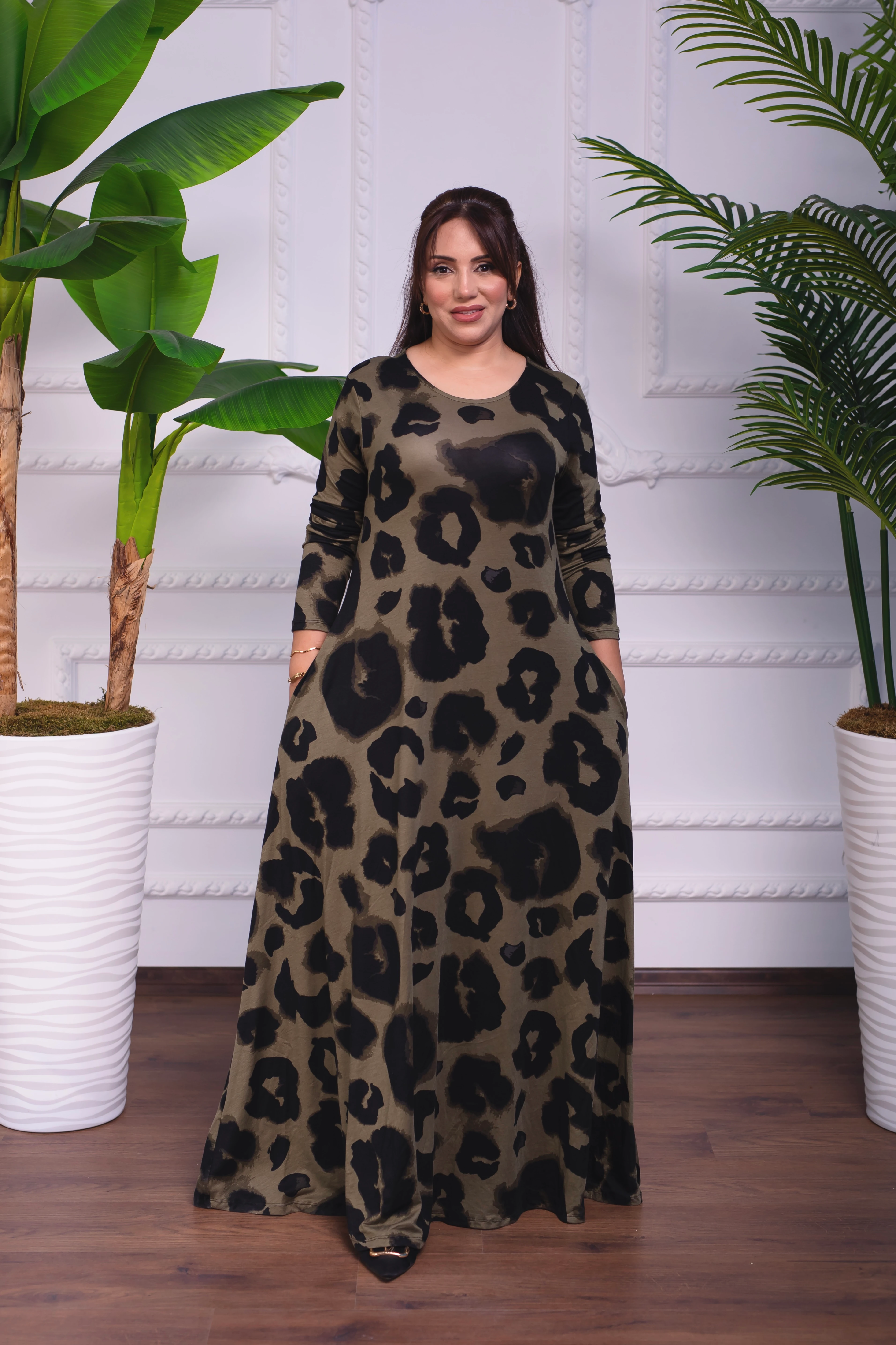 HAKİ BİSİKLET YAKA  UZUN PENYE ELBİSE