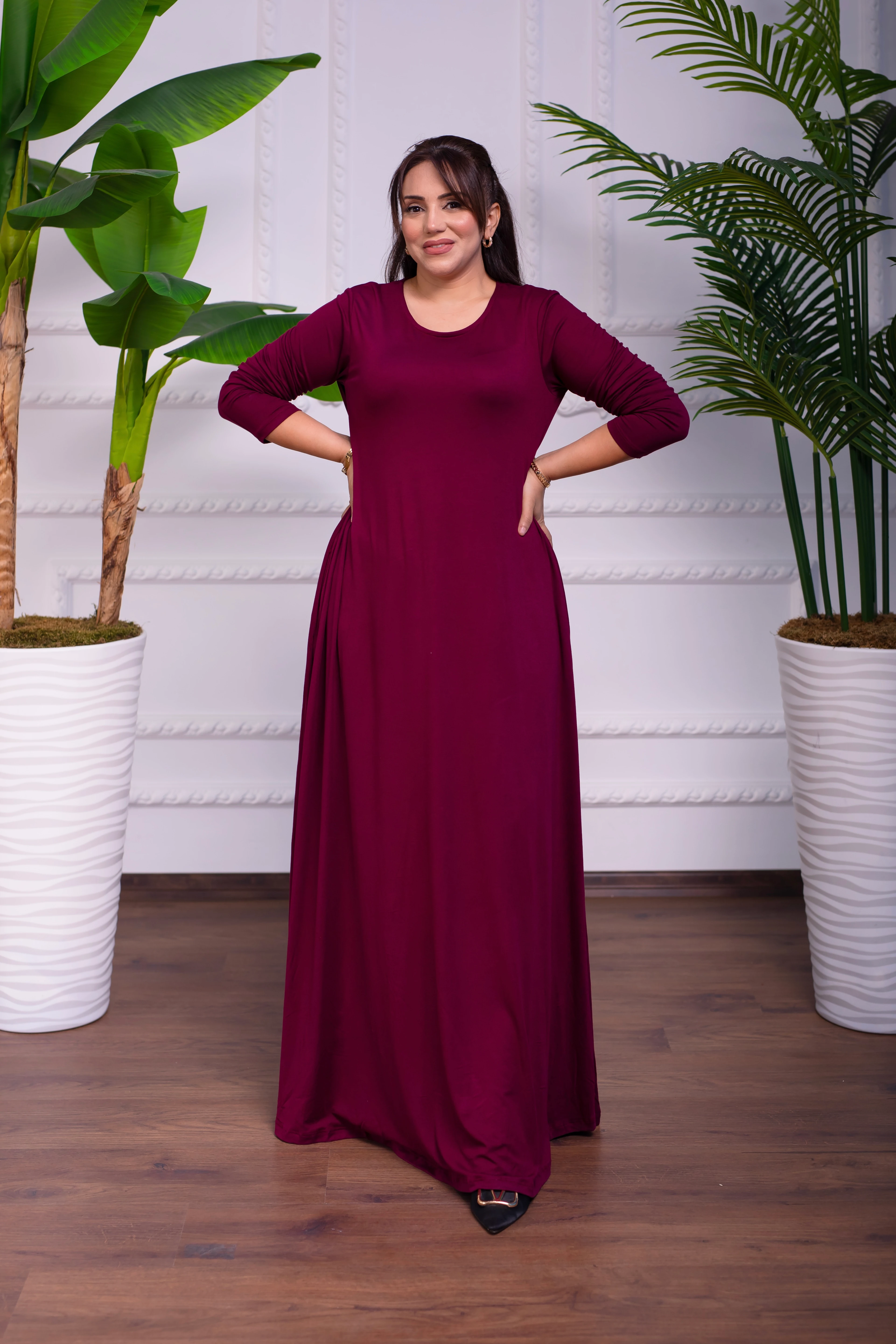 VİŞNE ÇÜRÜĞÜ BİSİKLET YAKA UZUN PENYE ELBİSE 