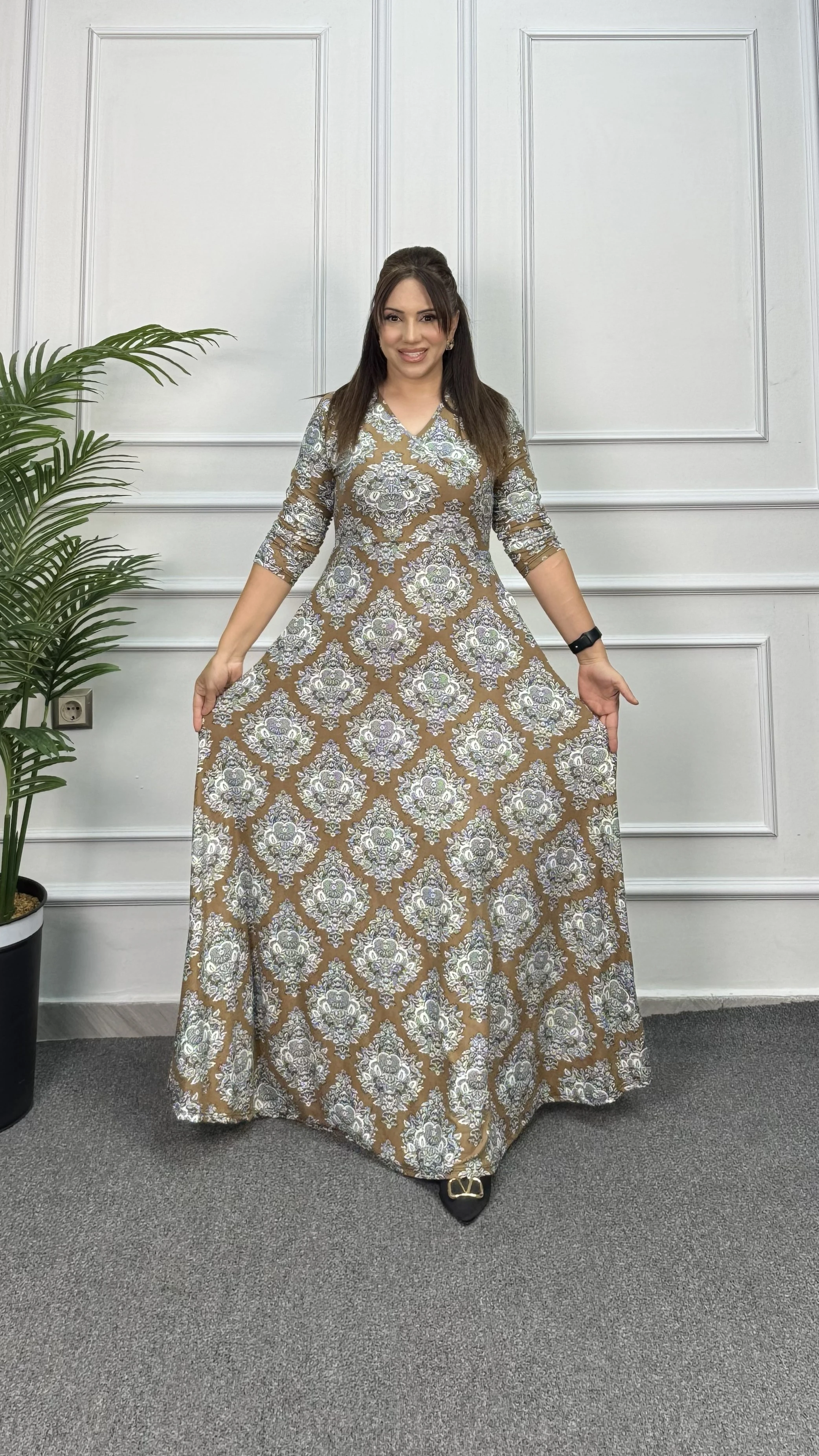 KRUVAZE YAKA UZUN ELBİSE 