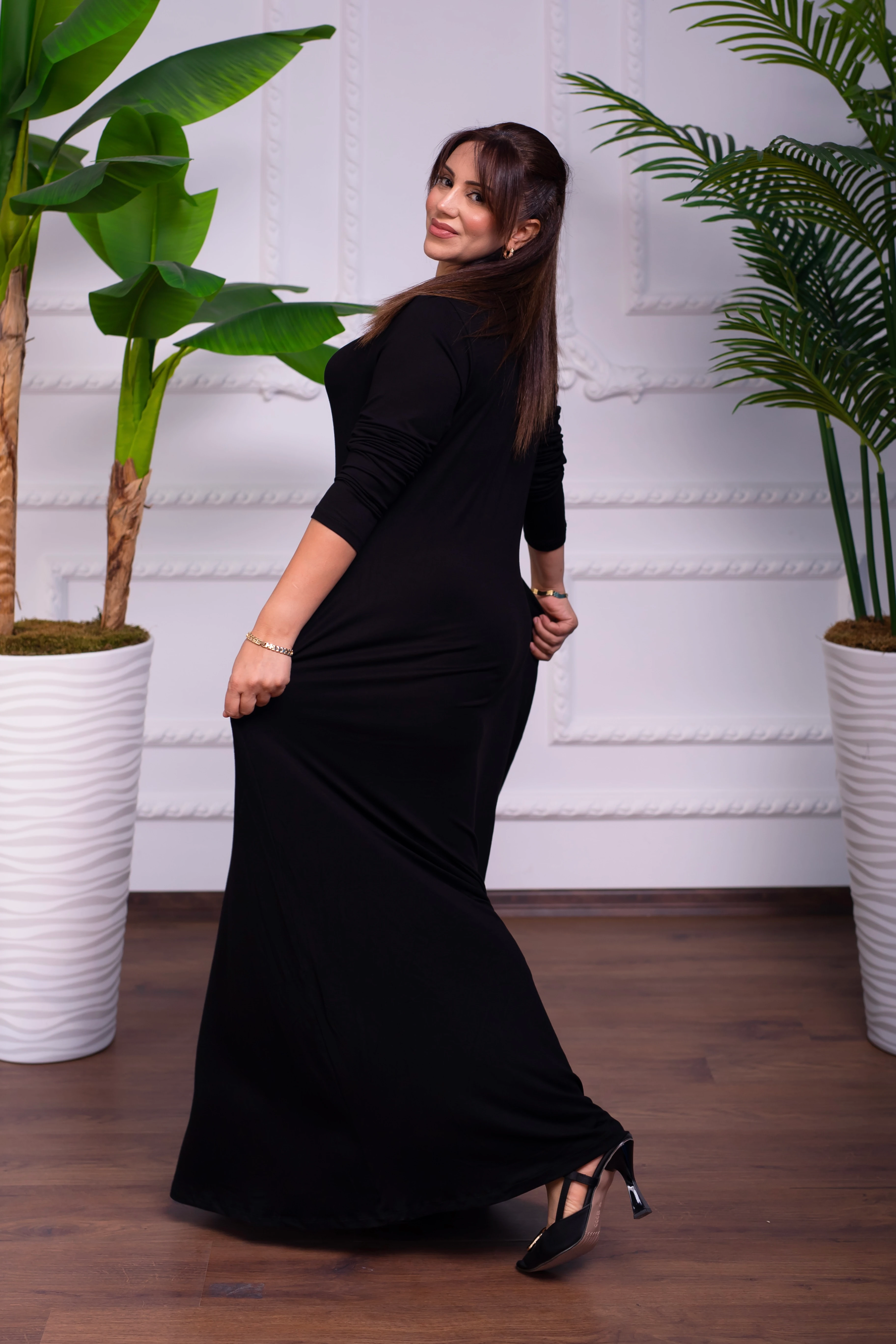 SİYAH BİSİKLET YAKA PENYE UZUN ELBİSE 