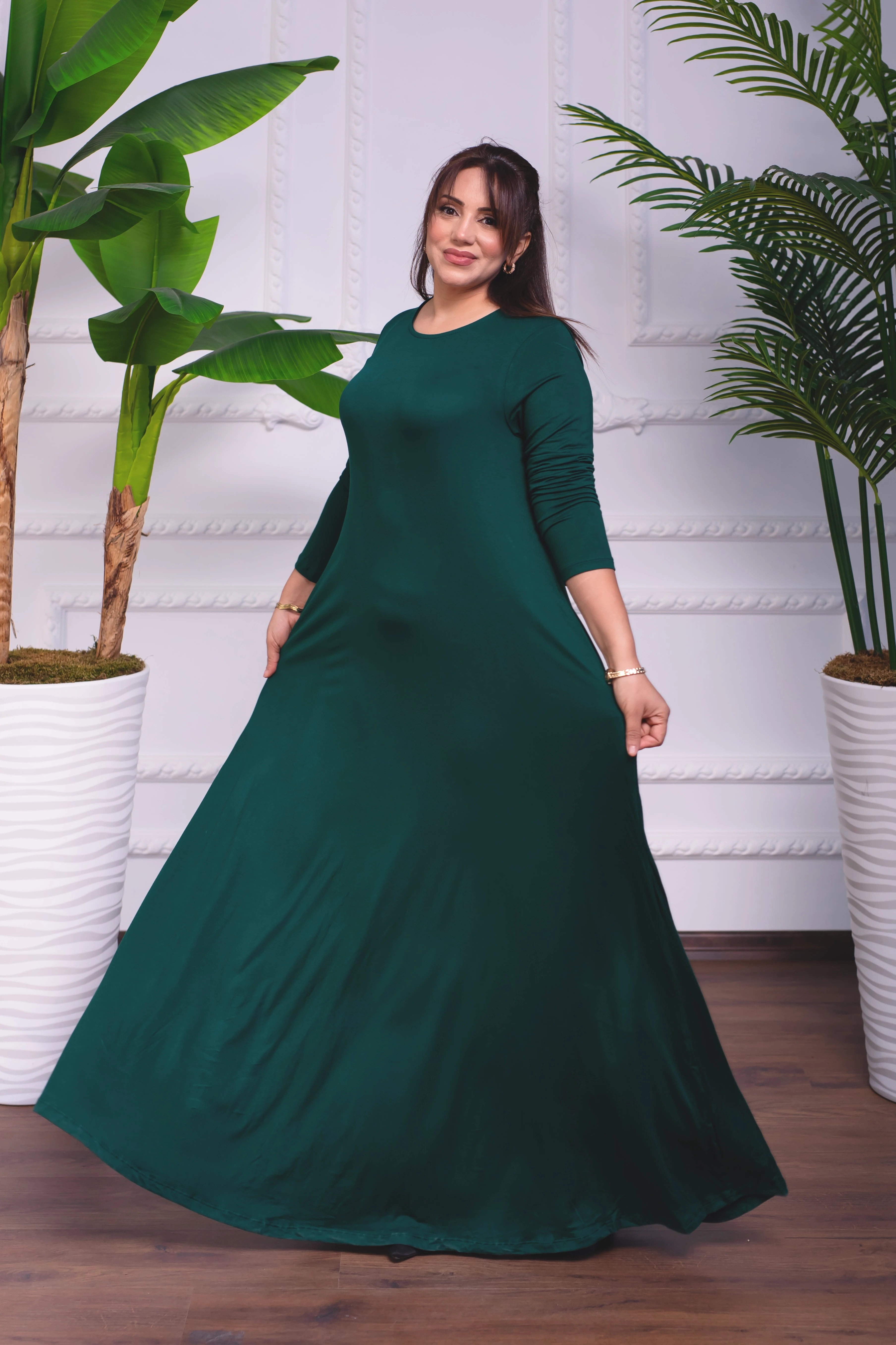 PETROL YEŞİLİ BİSİKLET YAKA PENYE UZUN ELBİSE 