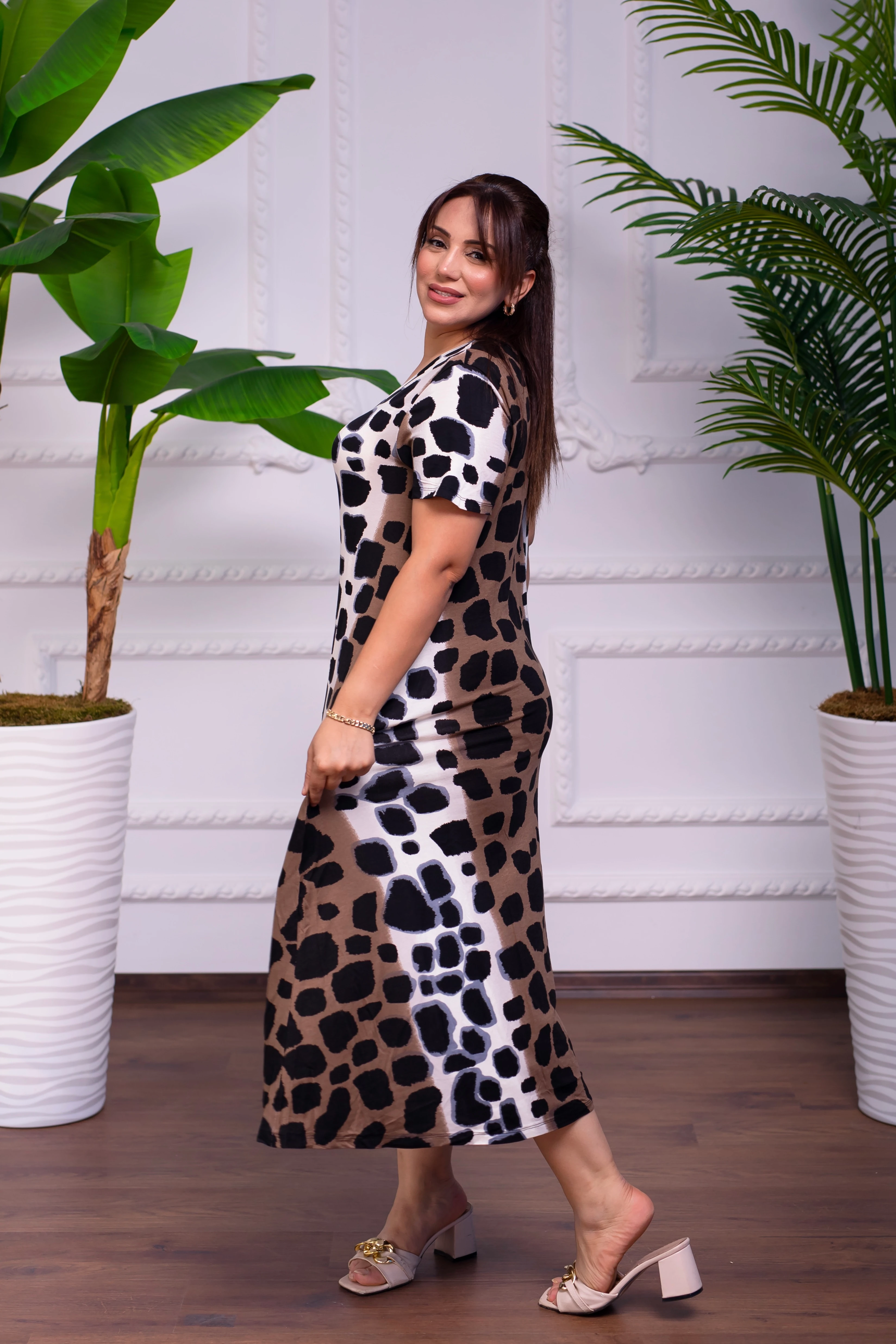 LEOPAR DESENLİ ELBİSE MİDİ BOY