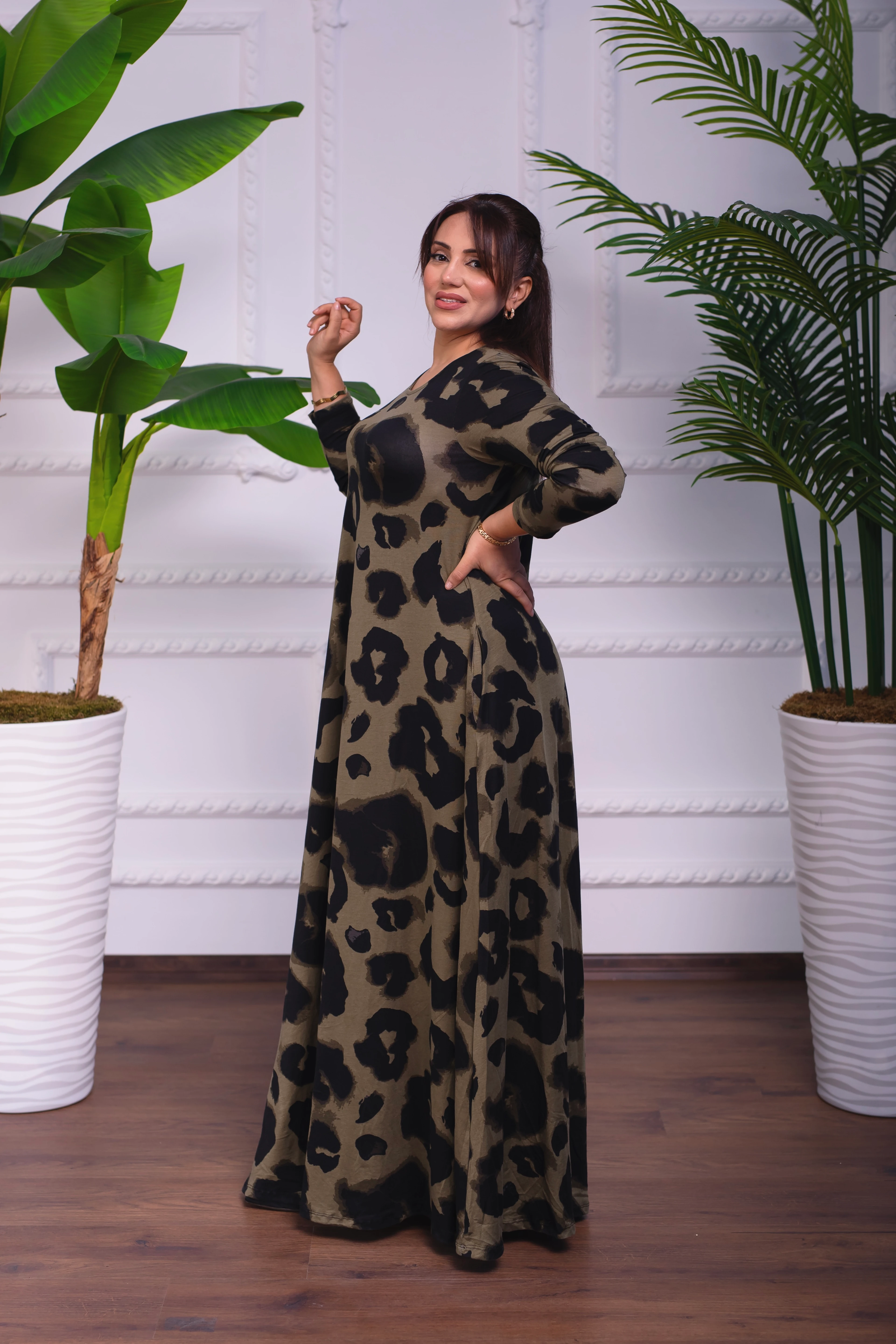 HAKİ BİSİKLET YAKA  UZUN PENYE ELBİSE