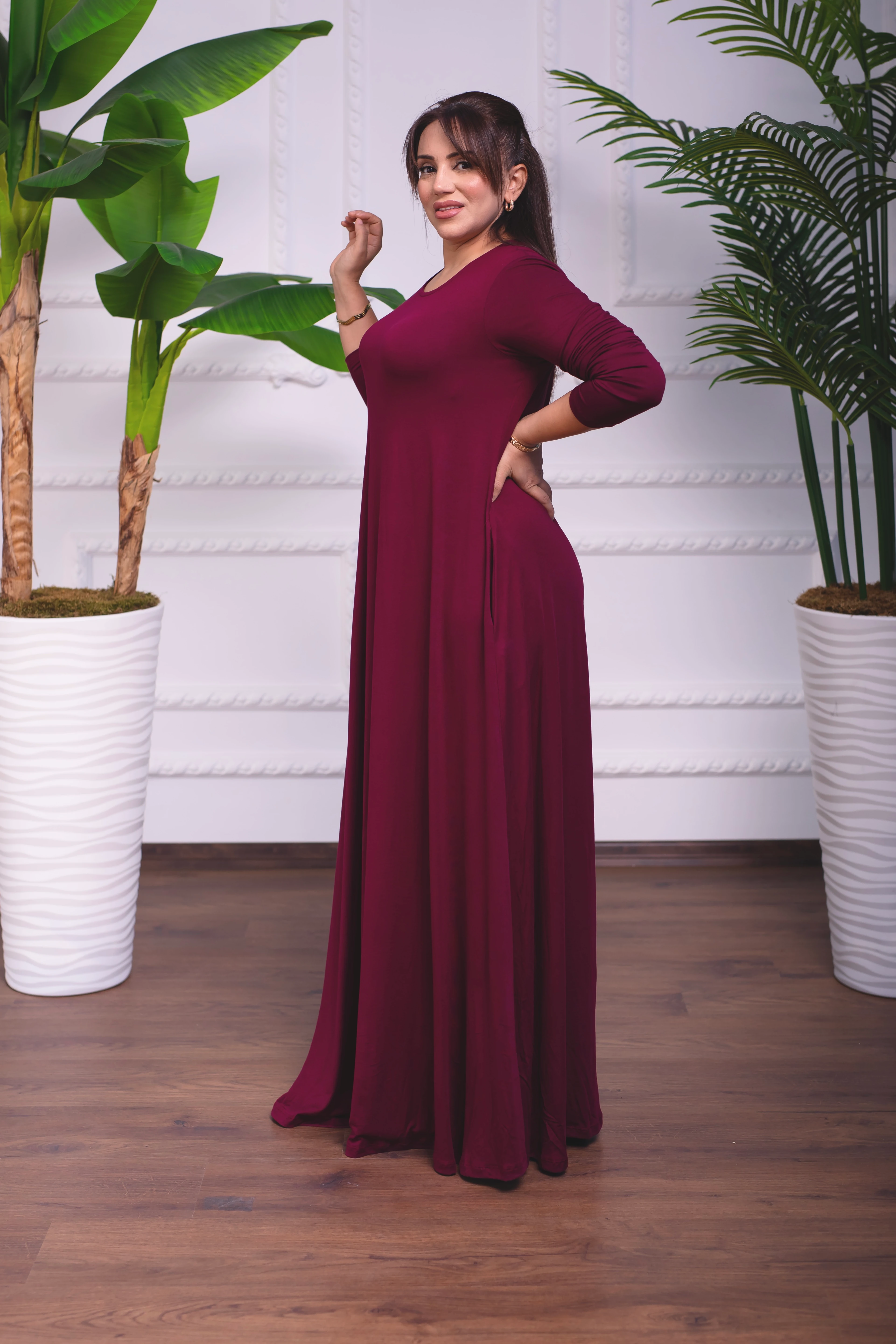 VİŞNE ÇÜRÜĞÜ BİSİKLET YAKA UZUN PENYE ELBİSE 