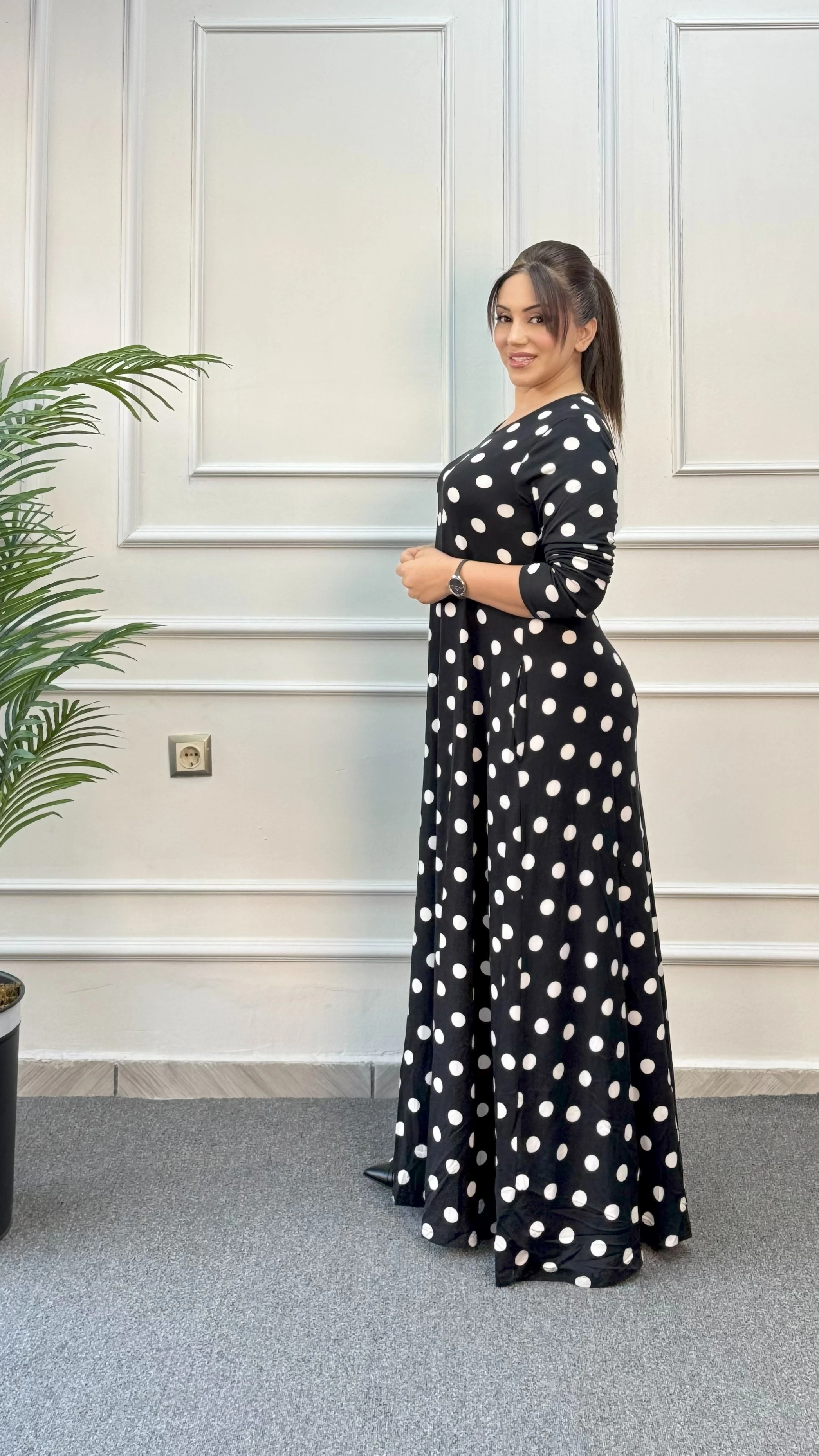 PUANLI BİSİKLET YAKA UZUN PENYE ELBİSE 