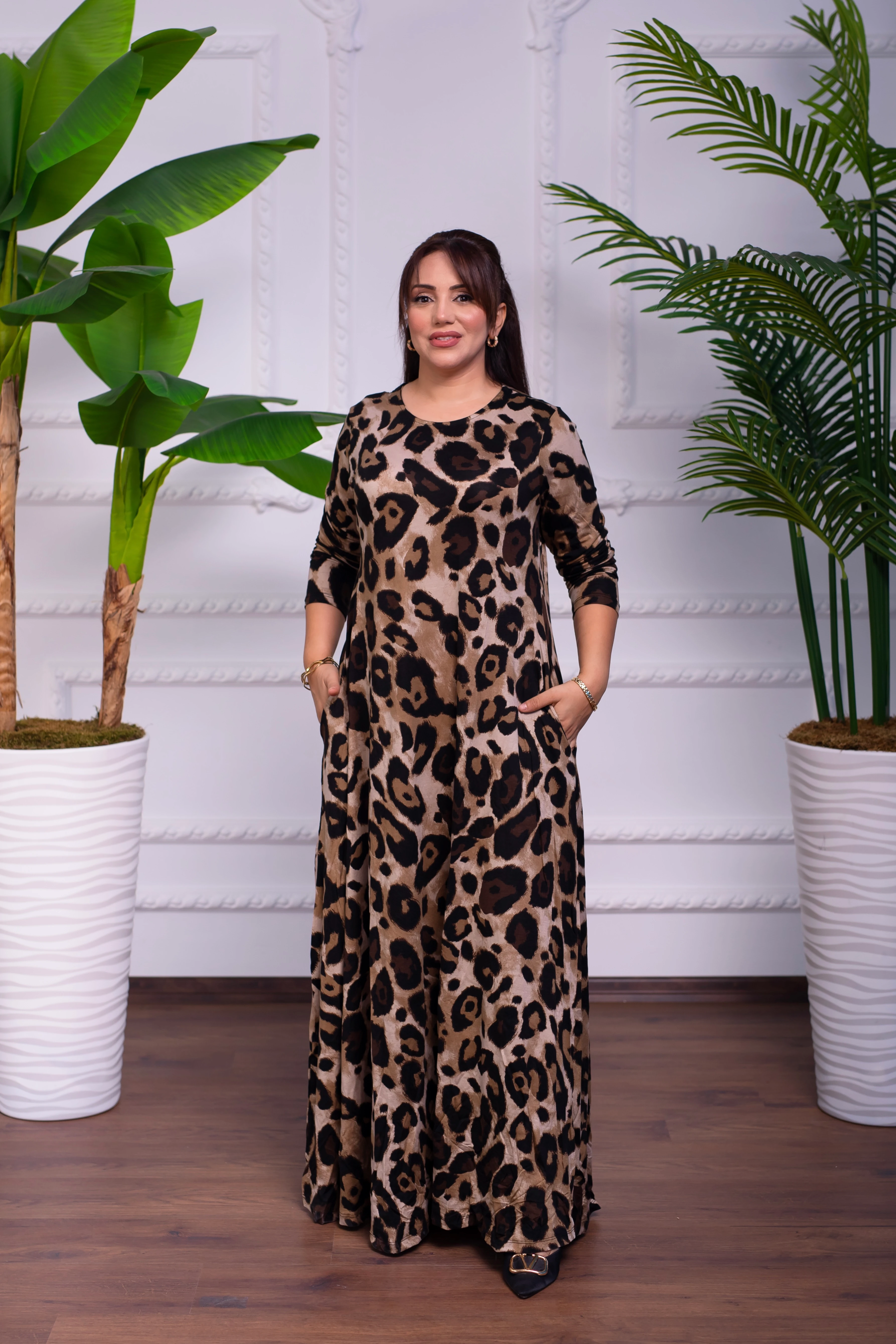 LEOPAR DESENLİ BİSİKLET YAKA PENYE UZUN ELBİSE