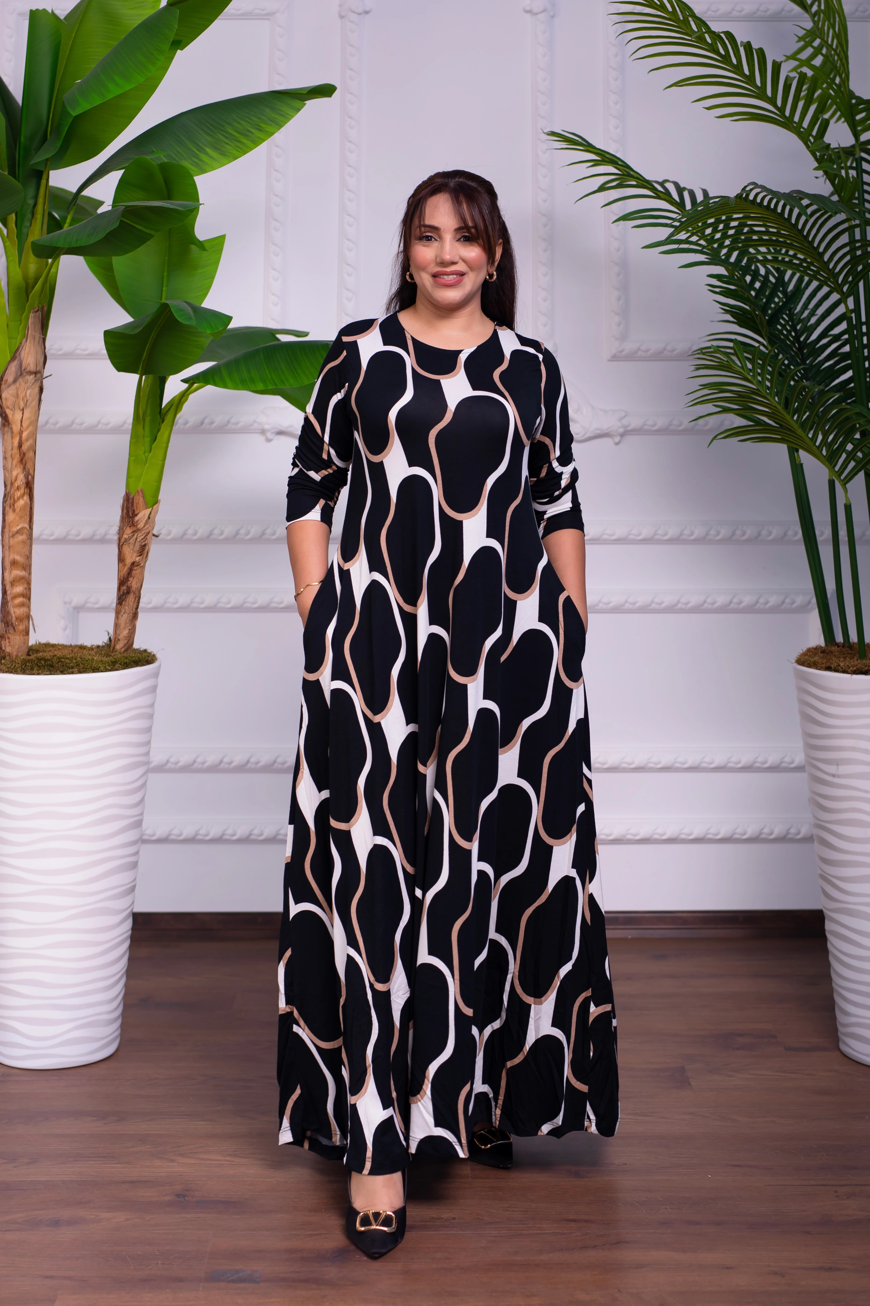 SİYAH DESENLİ BİSİKLET YAKA PENYE UZUN ELBİSE 