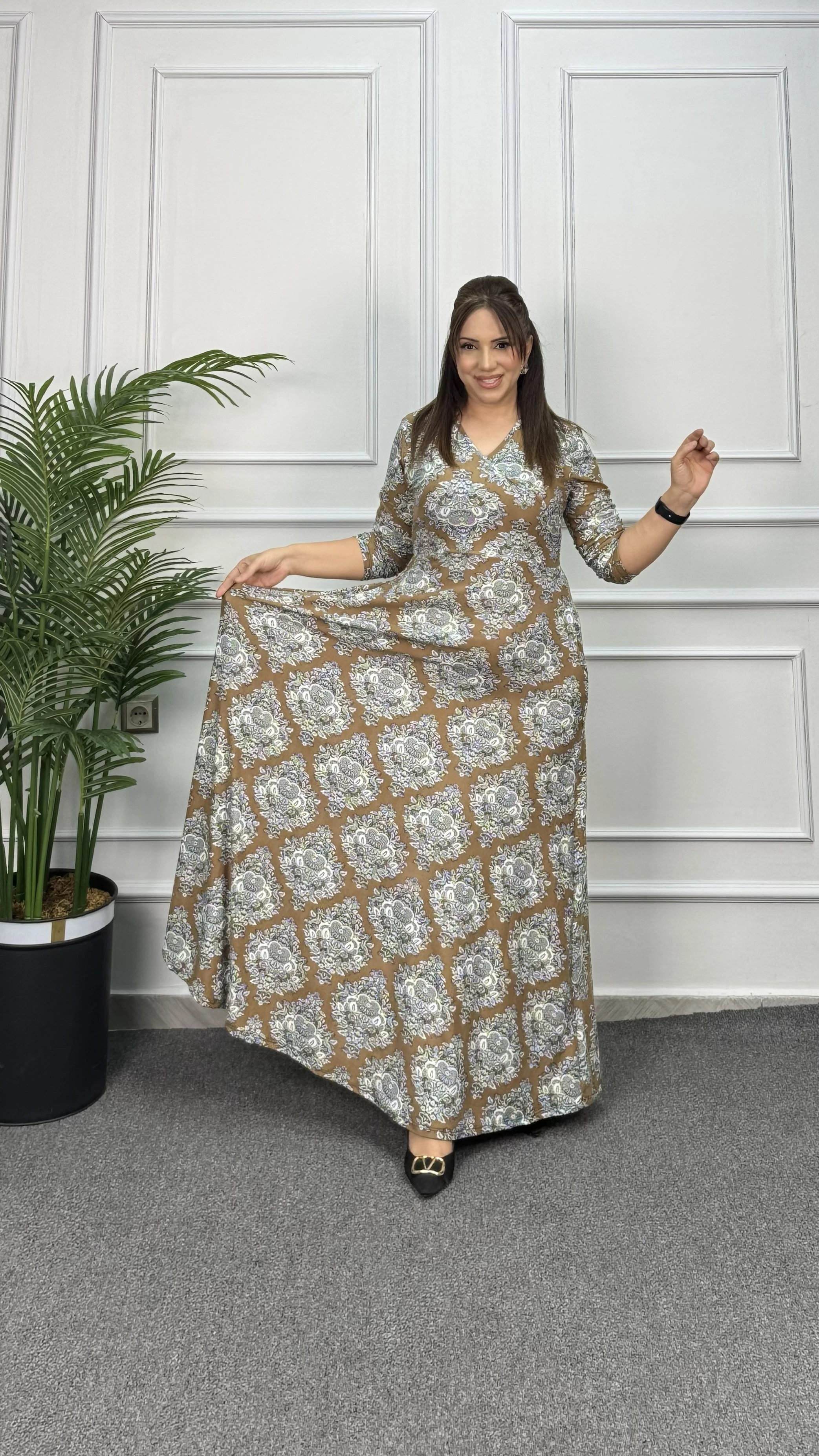 KRUVAZE YAKA UZUN ELBİSE 