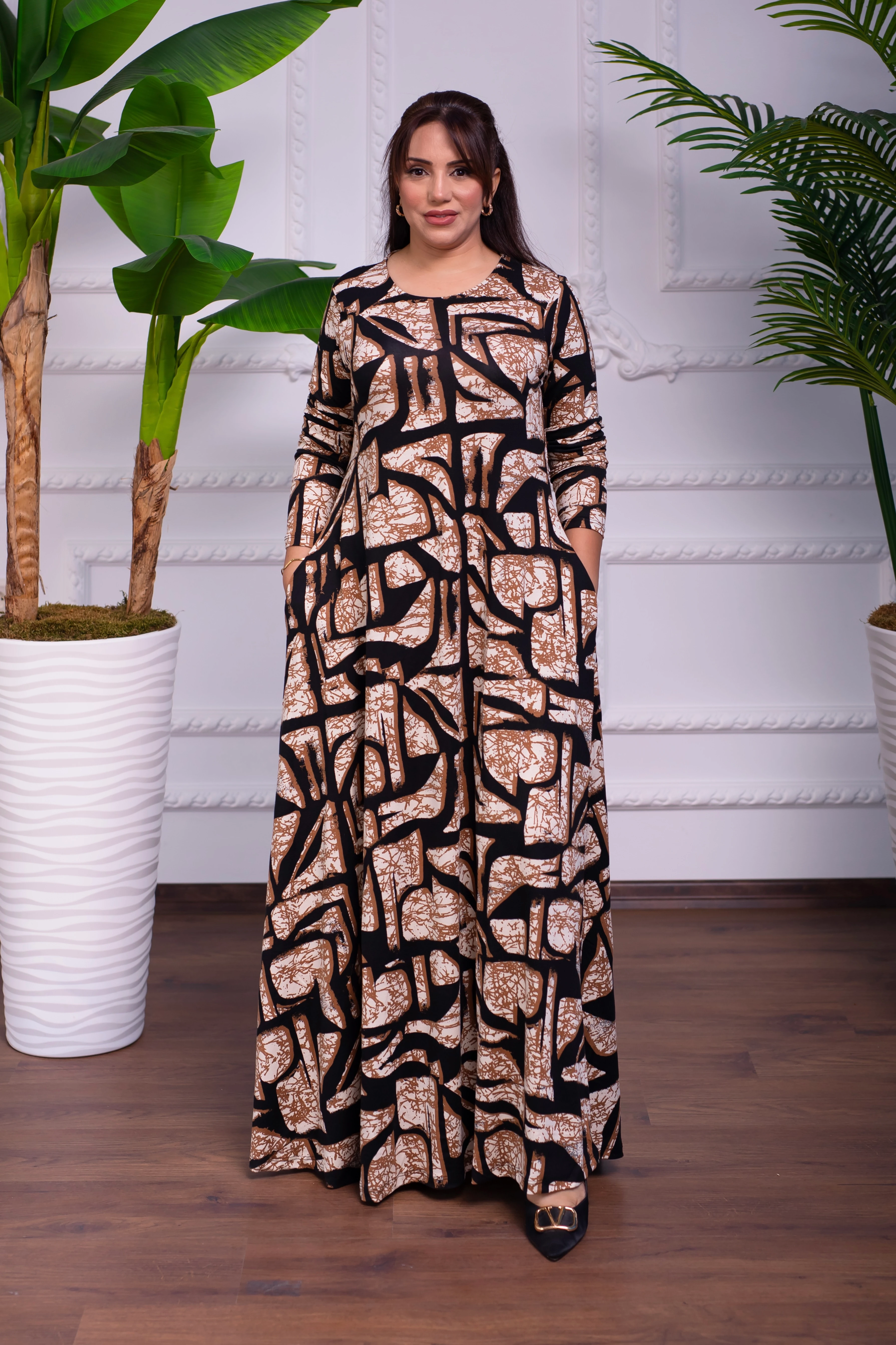 DESENLİ BİSİKLET YAKA PENYE UZUN ELBİSE 