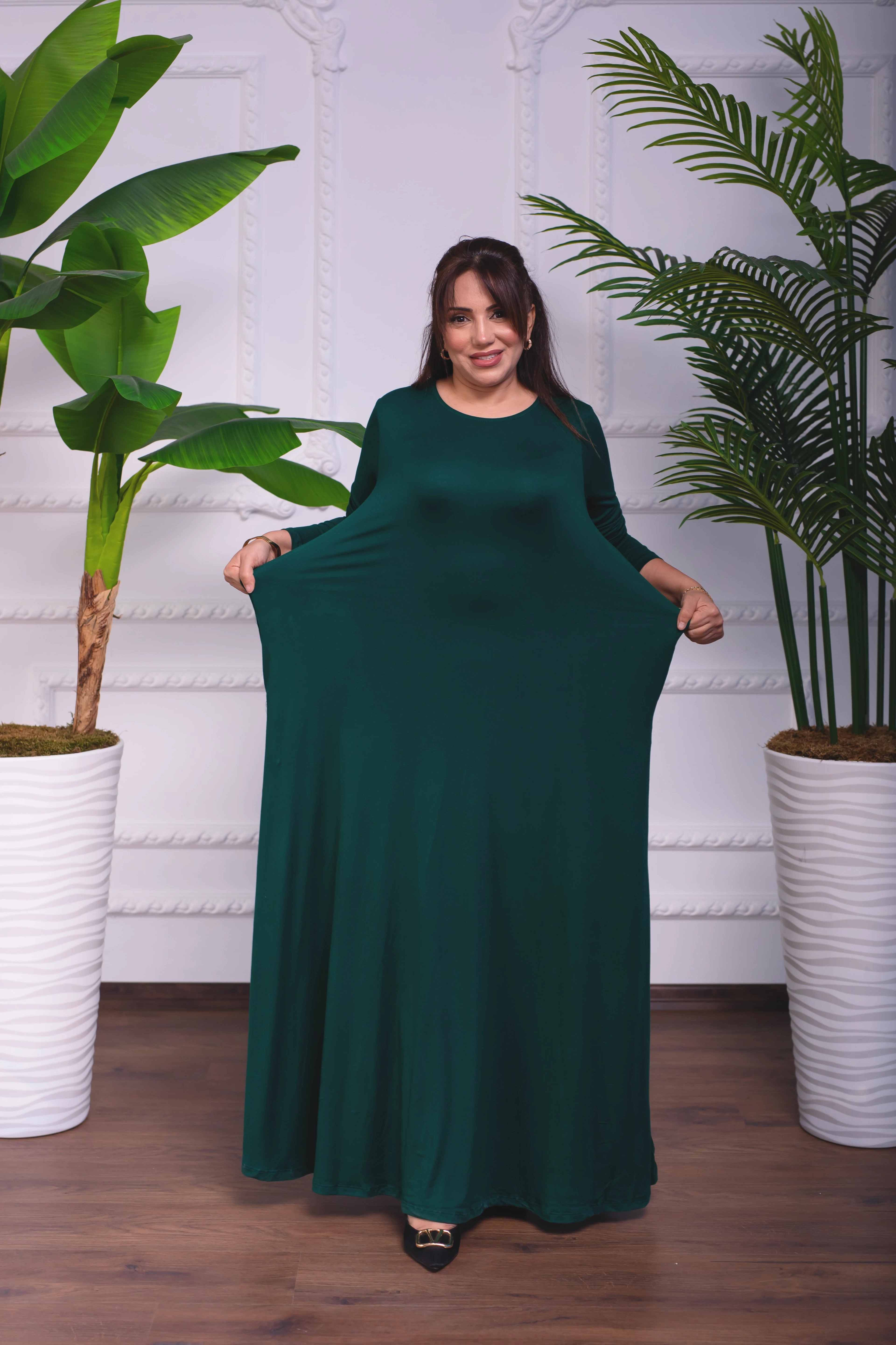 PETROL YEŞİLİ BİSİKLET YAKA PENYE UZUN ELBİSE 