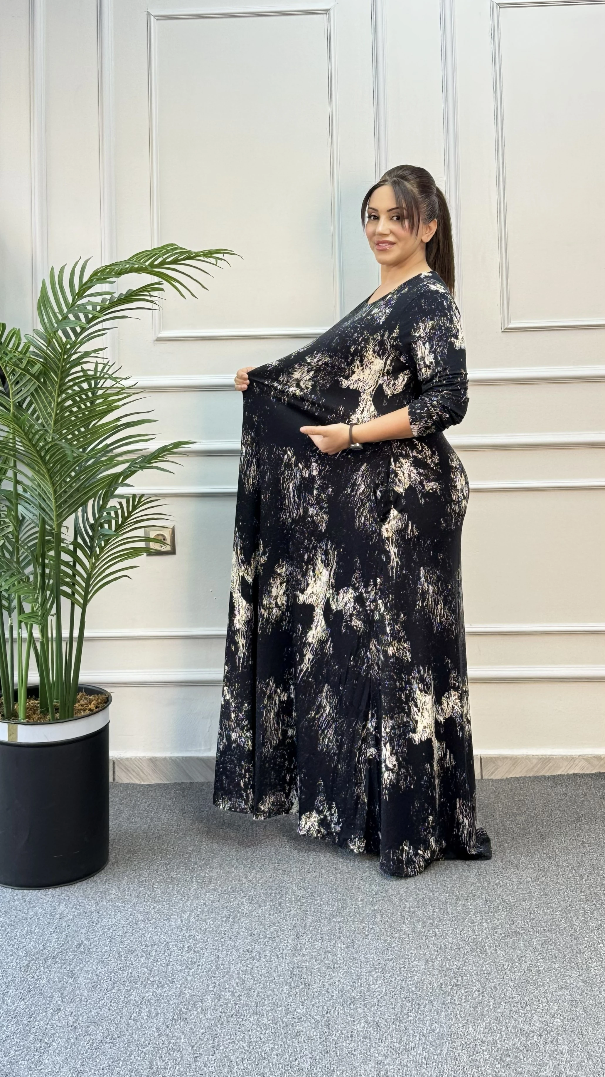 SİYAH BEYAZ BİSİKLET YAKA PENYE ELBİSE 