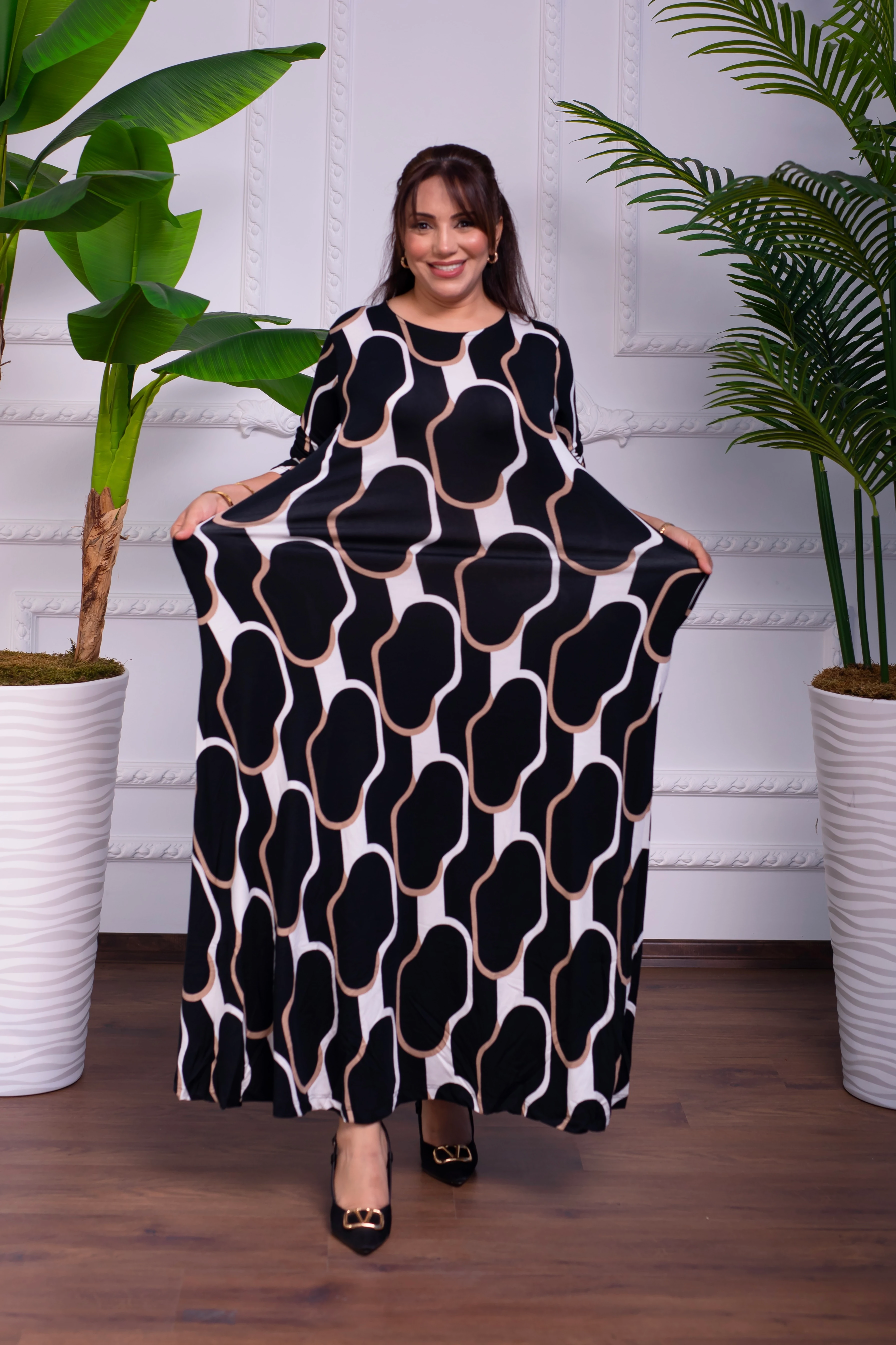 SİYAH DESENLİ BİSİKLET YAKA PENYE UZUN ELBİSE 