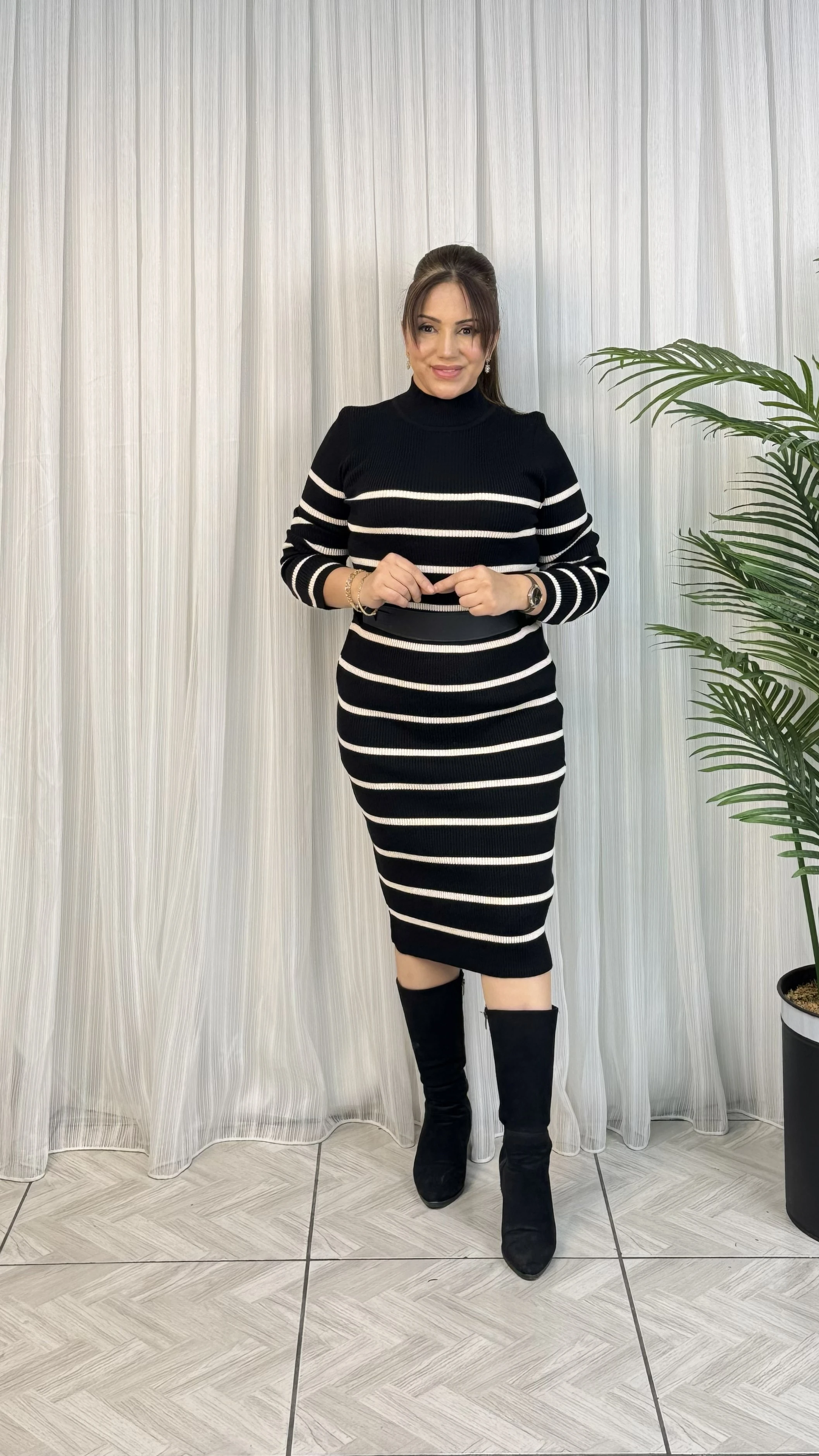 KEMERLİ TRİKO MİDİ ELBİSE  - SİYAH