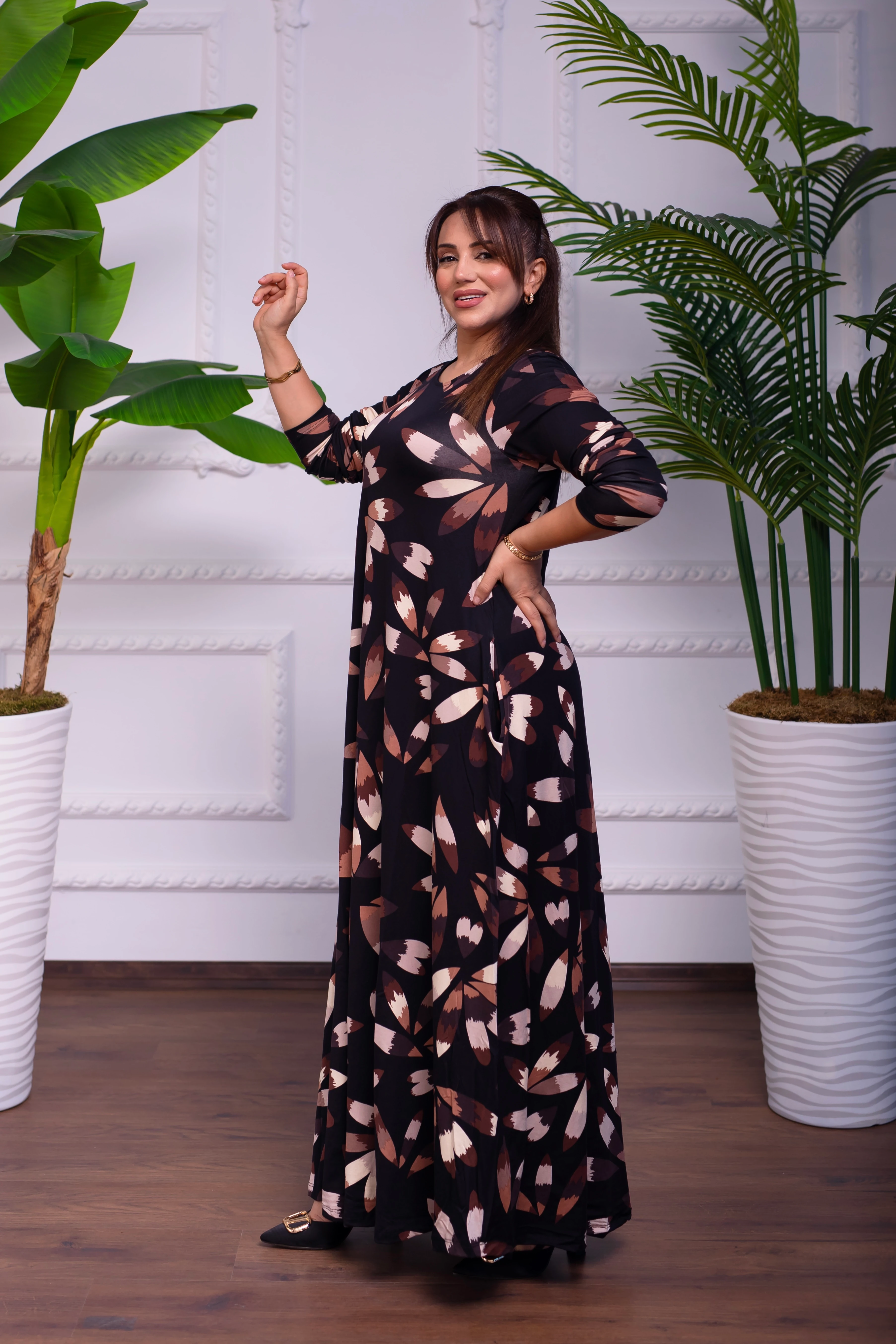 KAHVE ÇİÇEKLİ BİSİKLET YAKA UZUN PENYE ELBİSE 