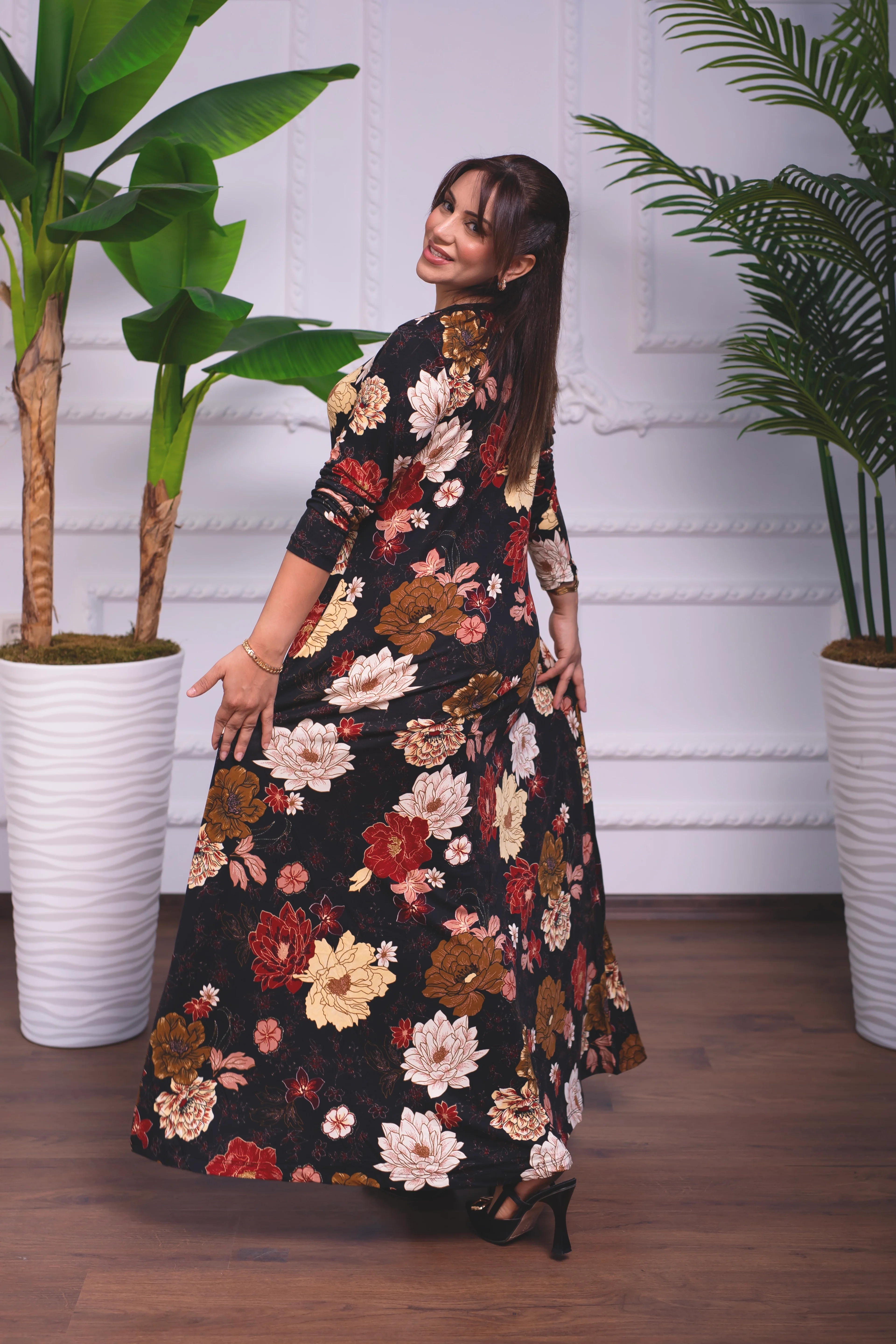 ÇİÇEKLİ BİSİKLET YAKA PENYE UZUN ELBİSE 