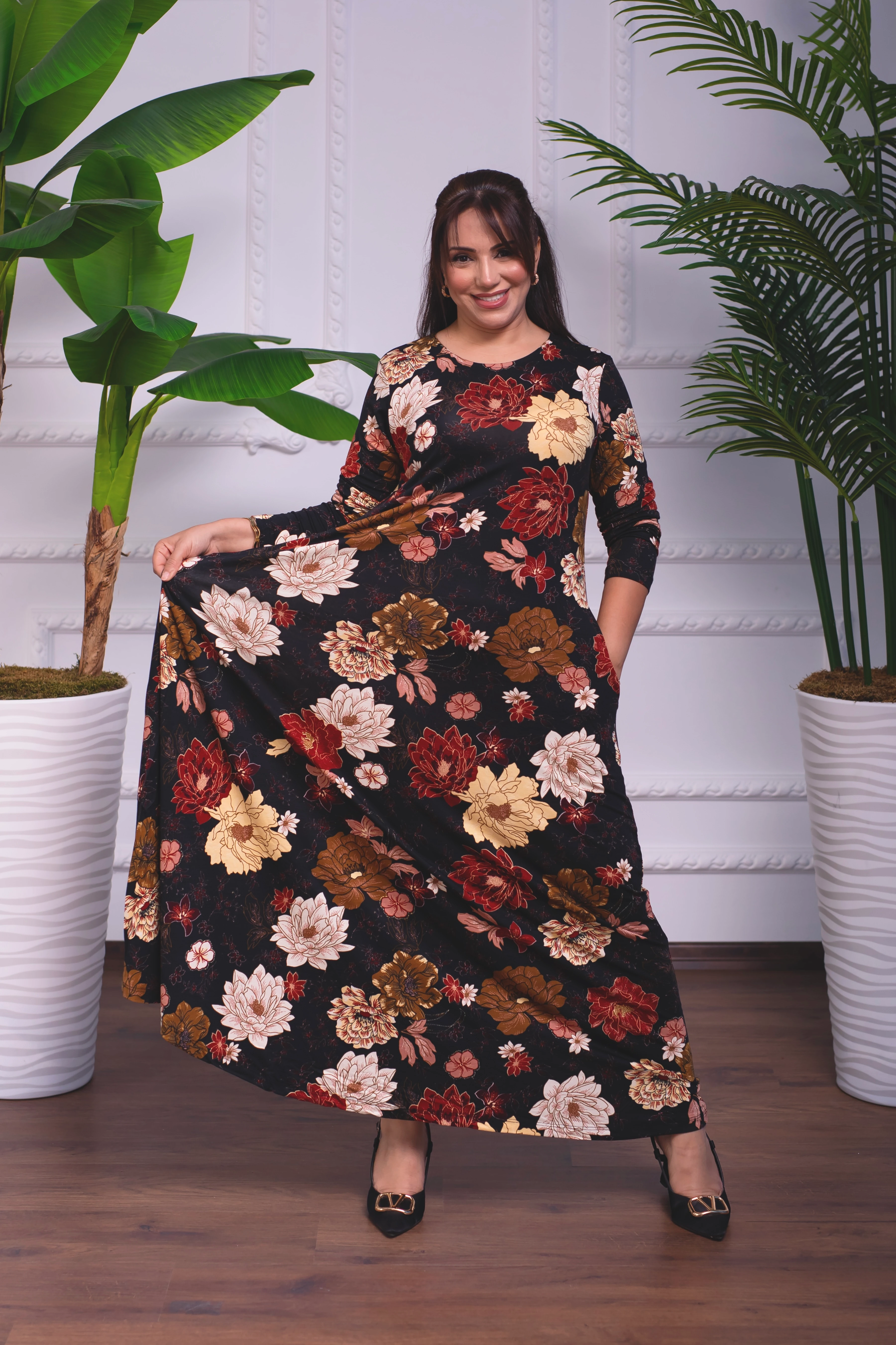 ÇİÇEKLİ BİSİKLET YAKA PENYE UZUN ELBİSE 