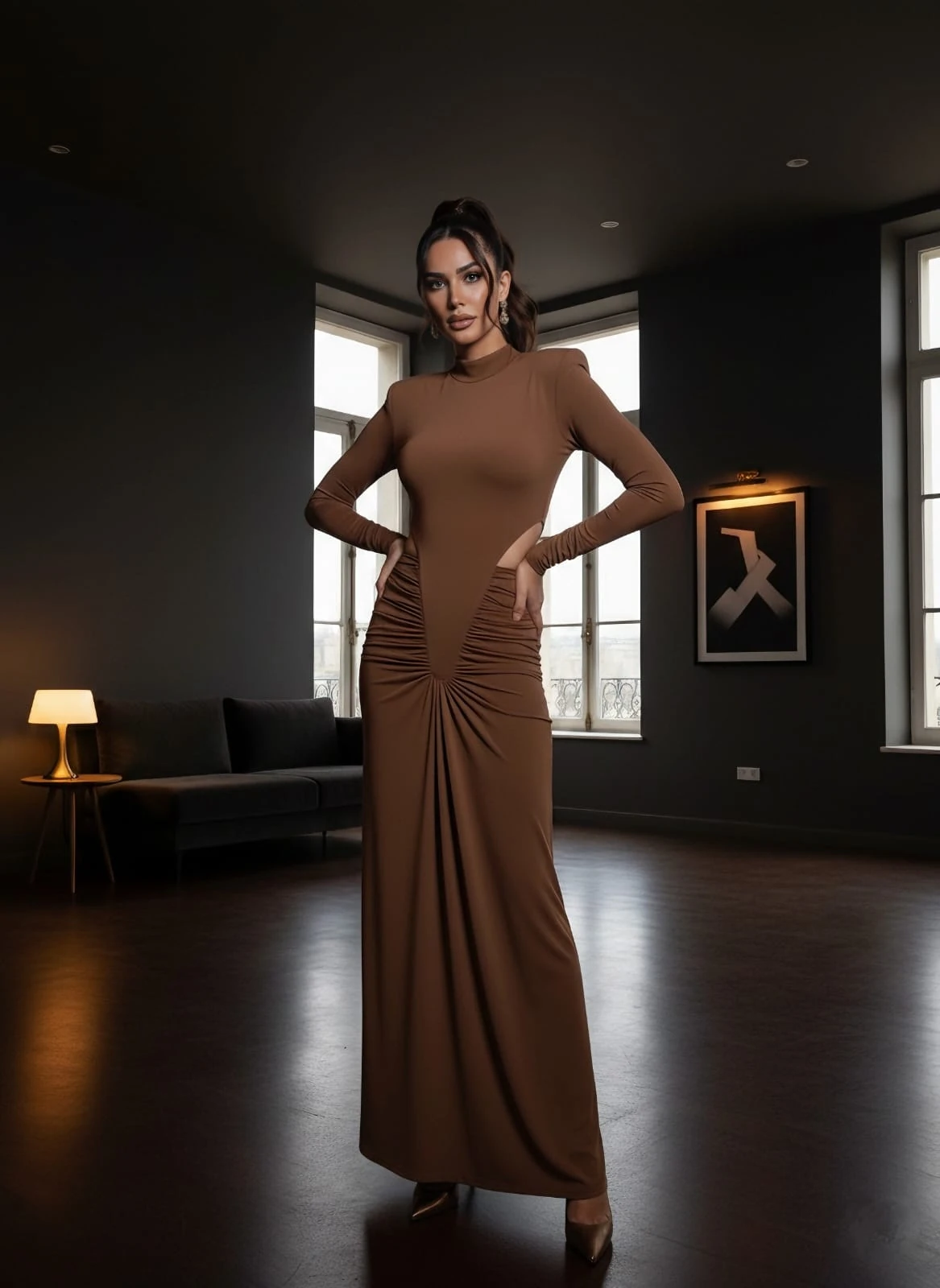 Mikro kumaş maxi boy elbise  - Kahverengi