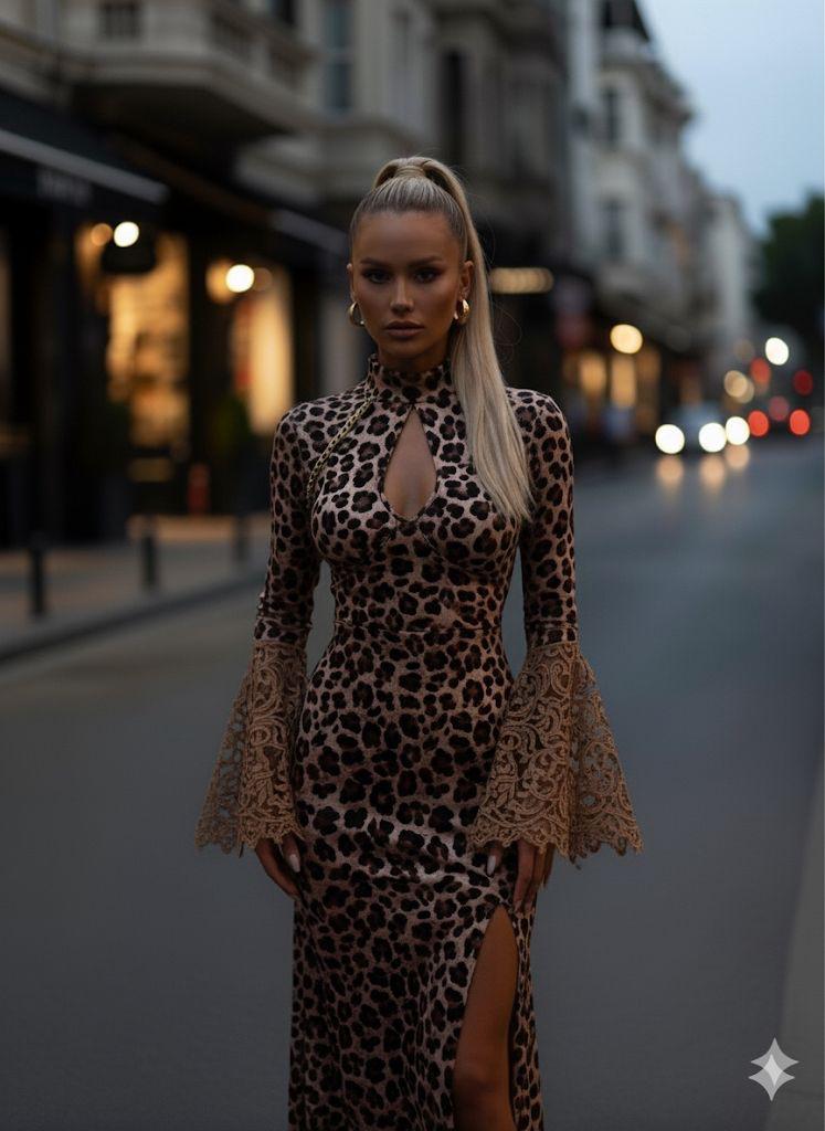 Mikro kumaş dijital baskı maxi boy elbise - Leopar