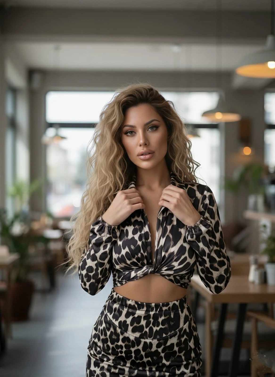 Fırfır etek detaylı ikili takım - Leopar