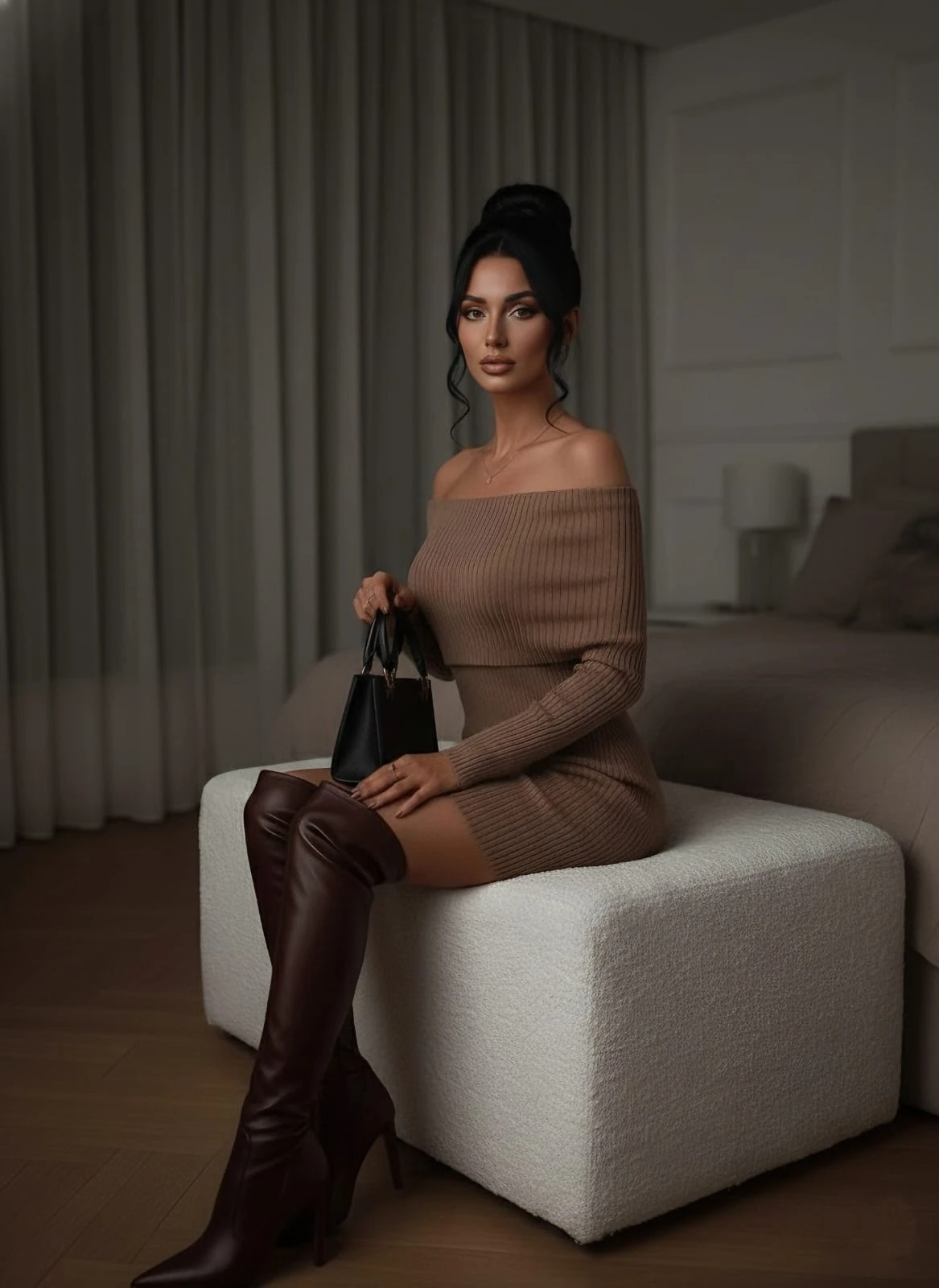 Kaşkorse kumaş mini elbise