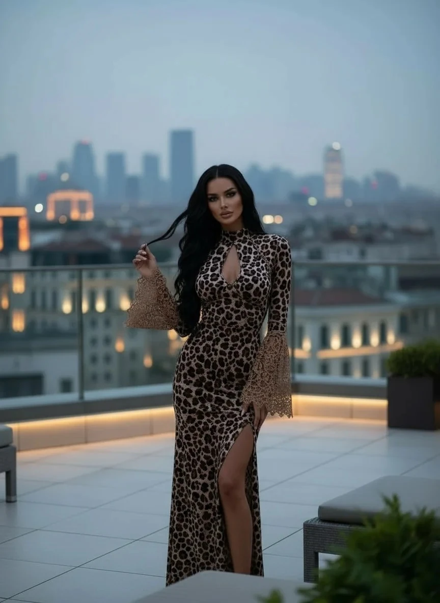 Mikro kumaş dijital baskı maxi boy elbise