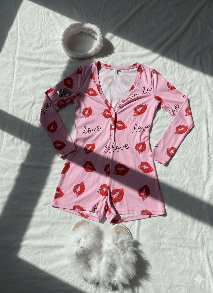Dijital kumaş esnek mini tulum - Pembe Dudak Desen