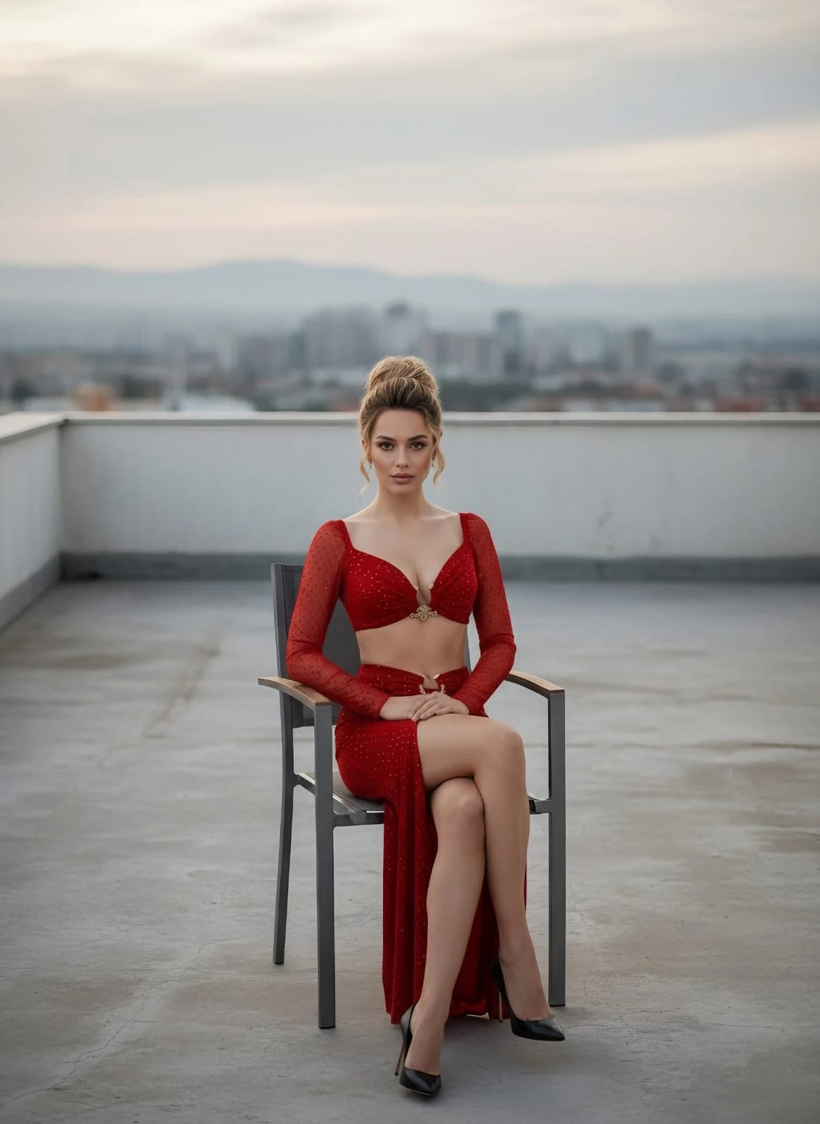 Zirkonyum taş görünümlü astarlı ikili elbise - Kırmızı