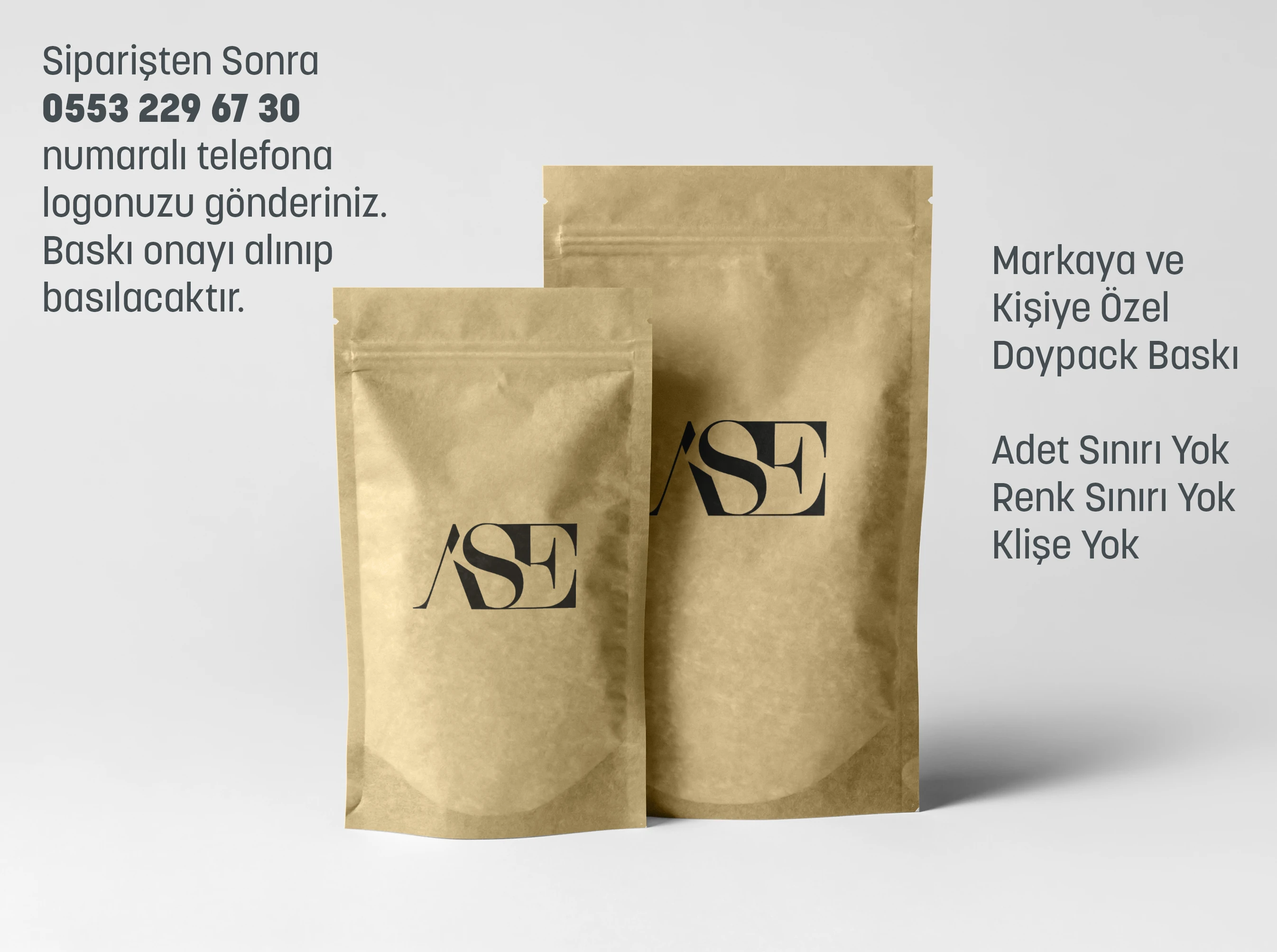 Siyah Logo Baskılı Penceresiz Kraft Doypack