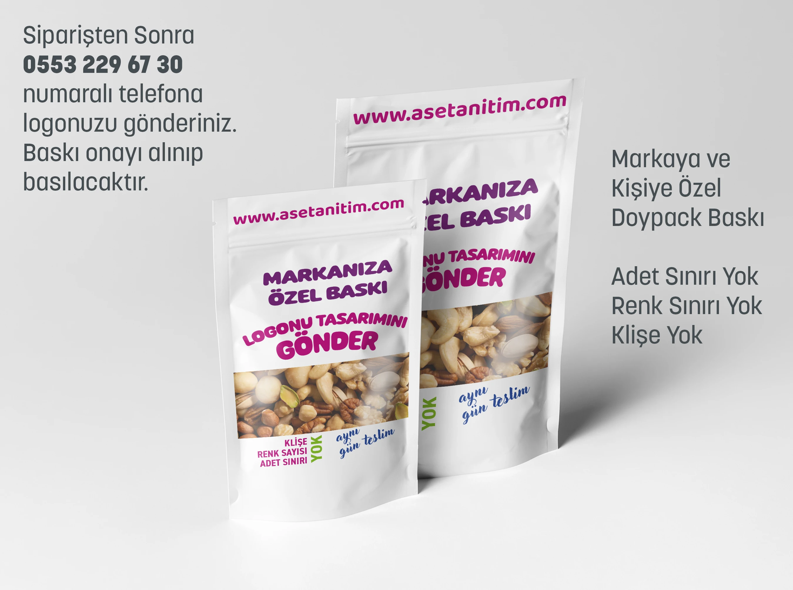 Logo Baskılı Pencereli Beyaz Doypack