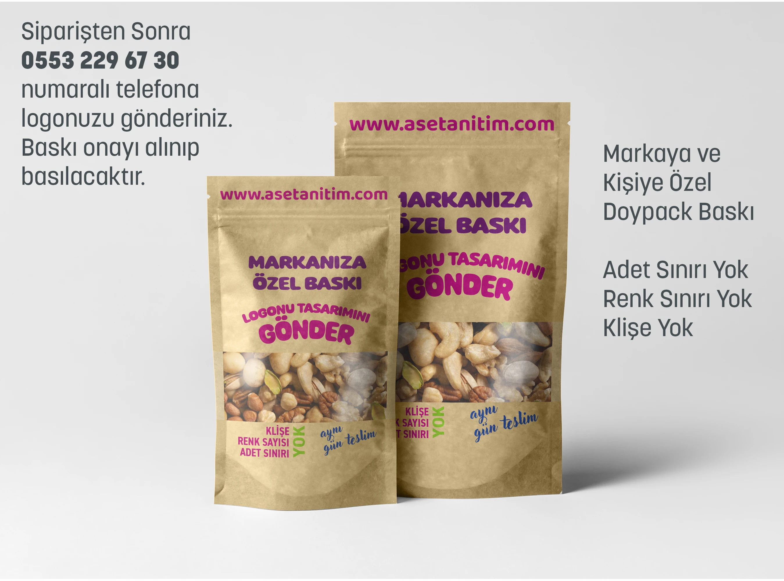 Logo Baskılı Pencereli Kraft Doypack